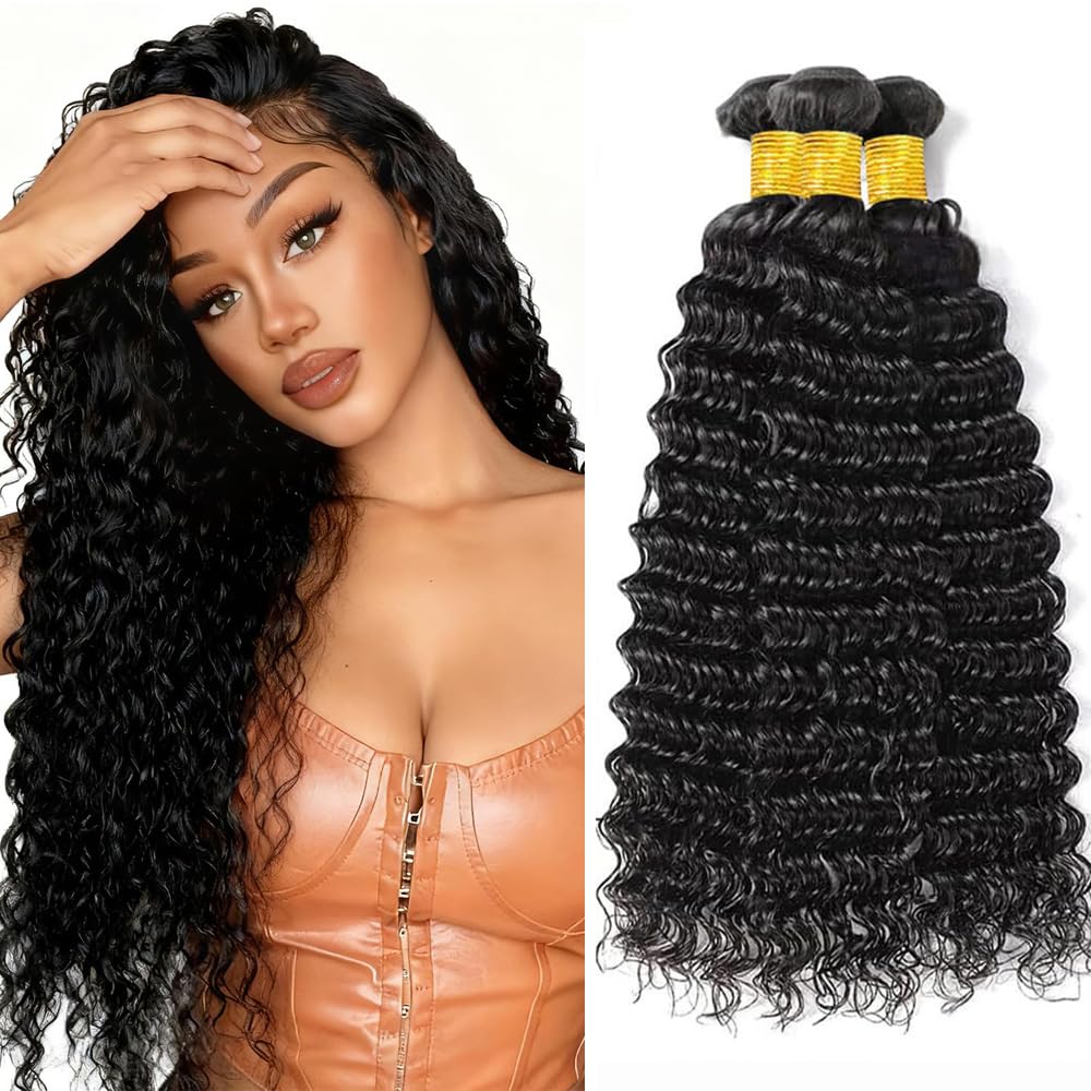 Deep Curly Bundles Human Hair Loose Deep Wave Bundle Unprocessed Virgin Remy Hair 3 Bundles 18 20 22 Inch 300g Black Deep Wave Bundle Hair Weave