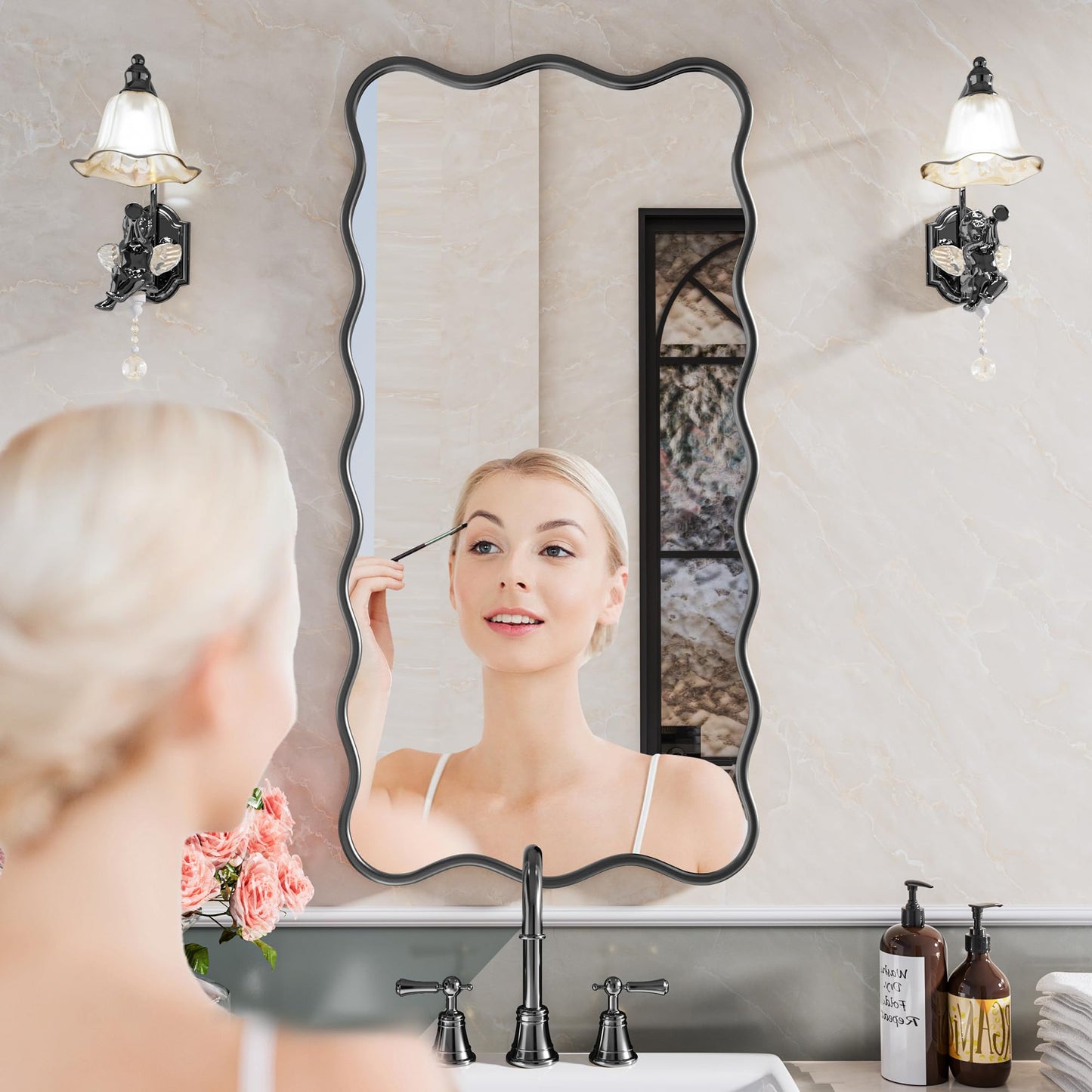 PROHOMEWARE 24 * 48" Black Bathroom Mirror for Wall,Wavy Rectangular Mirror,Vanity Mirror,Bathroom Mirrors for Wall-Mounted Metal Frame Mirror for Bedroom Entryway Living Room Farmhouse (Black)