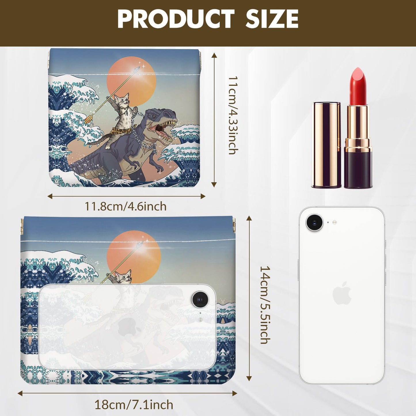 2 PCS PU Leather Small Makeup Bag Set for Purse,No Zipper Self-closing Cosmetic Bag, Portable Coin Purse Lipstick Accessories Organizer Travel Toiletry Storage Pouch for Women,Cats and Dinosaurs