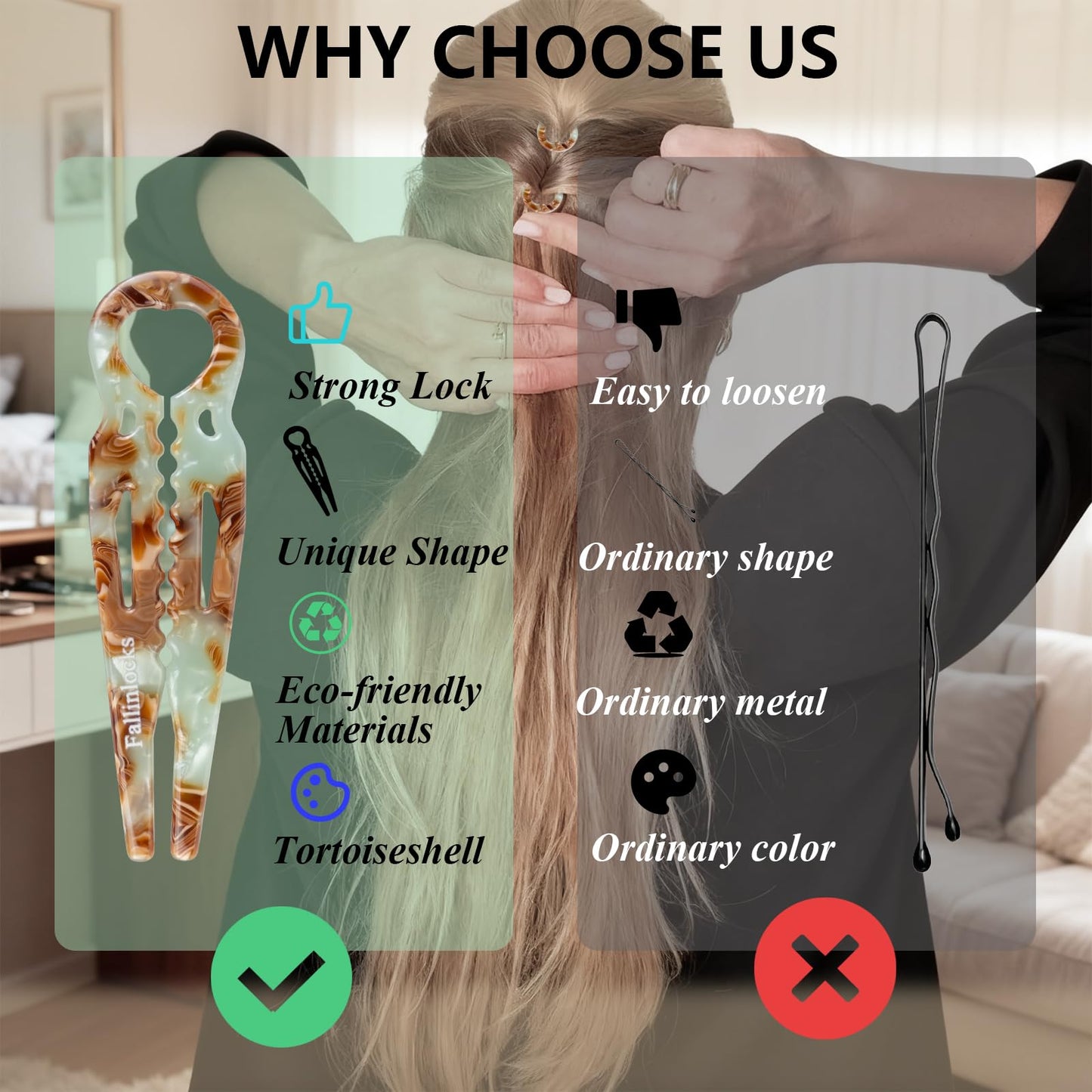Fallinlocks 2.36" Small Prestige Hair Pins for Women, French Hair Pins for Thin & Thick Hair, Curved Anti-Slip Design for Better Hold, Perfect Holiday Gift for Her, 9PCS