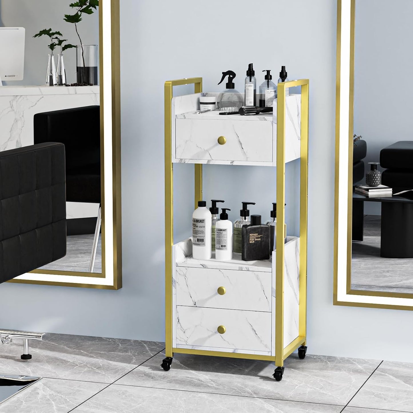 OmySalon Salon Trolley Cart - Mobile Beauty Spa Organizer with 3 Drawers & 2 Trays | White Marble Finish