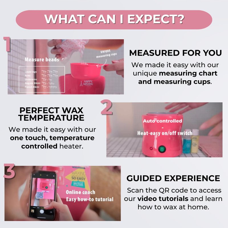 Happy Waxing Premium Home Waxing Kit by Perron Rigot - The Original Pain-Free Hard Wax - Automatic Heater, Measuring Cups & Hypoallergenic Beads for Brazilian, Face & Body - Complete Salon Set