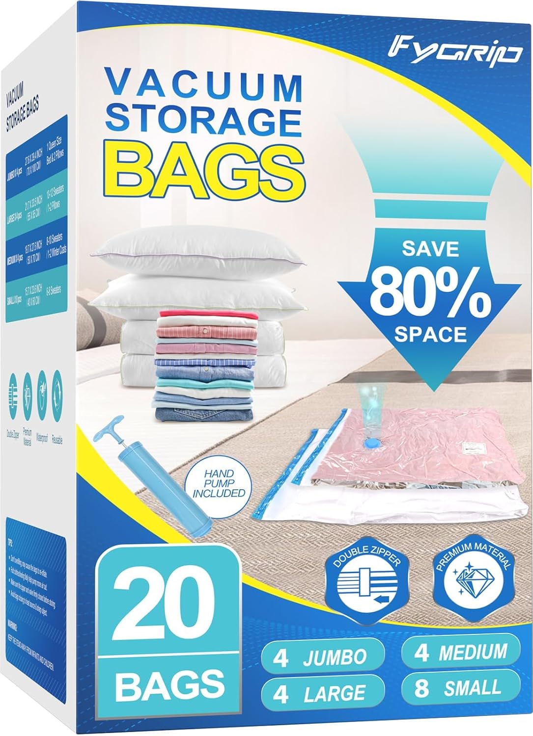 Fygrip Vacuum Storage Bags - Space-Saving Vacuum Seal Bags for Clothing & Travel | 20 Combo with Hand Pump