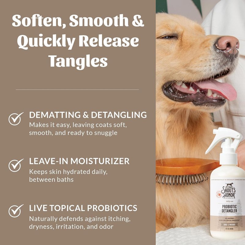 Skout's Honor Probiotic Pet Detangler Spray - Hydrating Avocado Oil Formula | 8oz for Soft, Brushable Coats