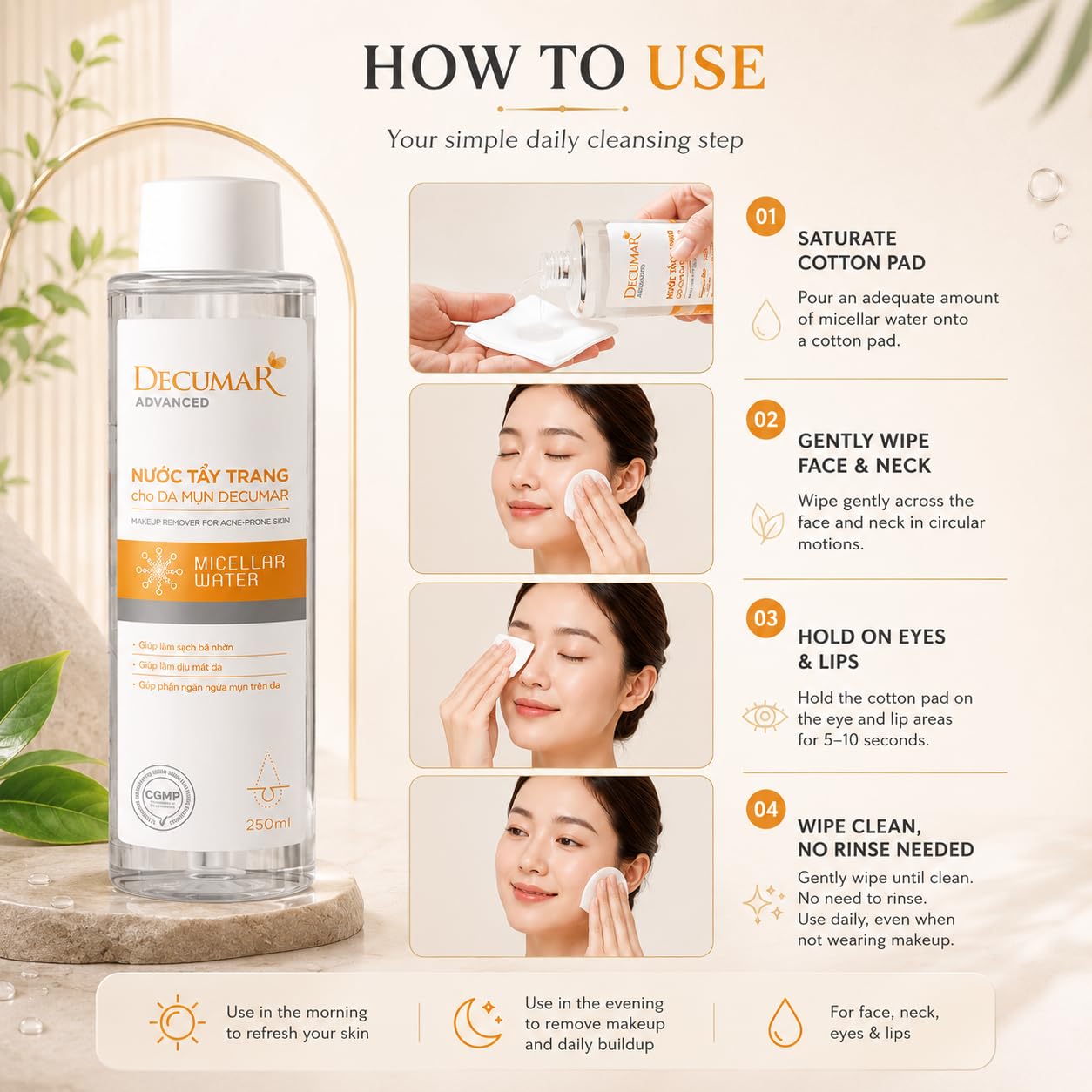 HVSun Decumar Micellar Cleansing Water Makeup Remover, Gentle No-Rinse Facial Cleanser with Green Tea & Willow Bark, for Oily & Blemish-Prone Skin, 250 mL / 8.45 fl oz