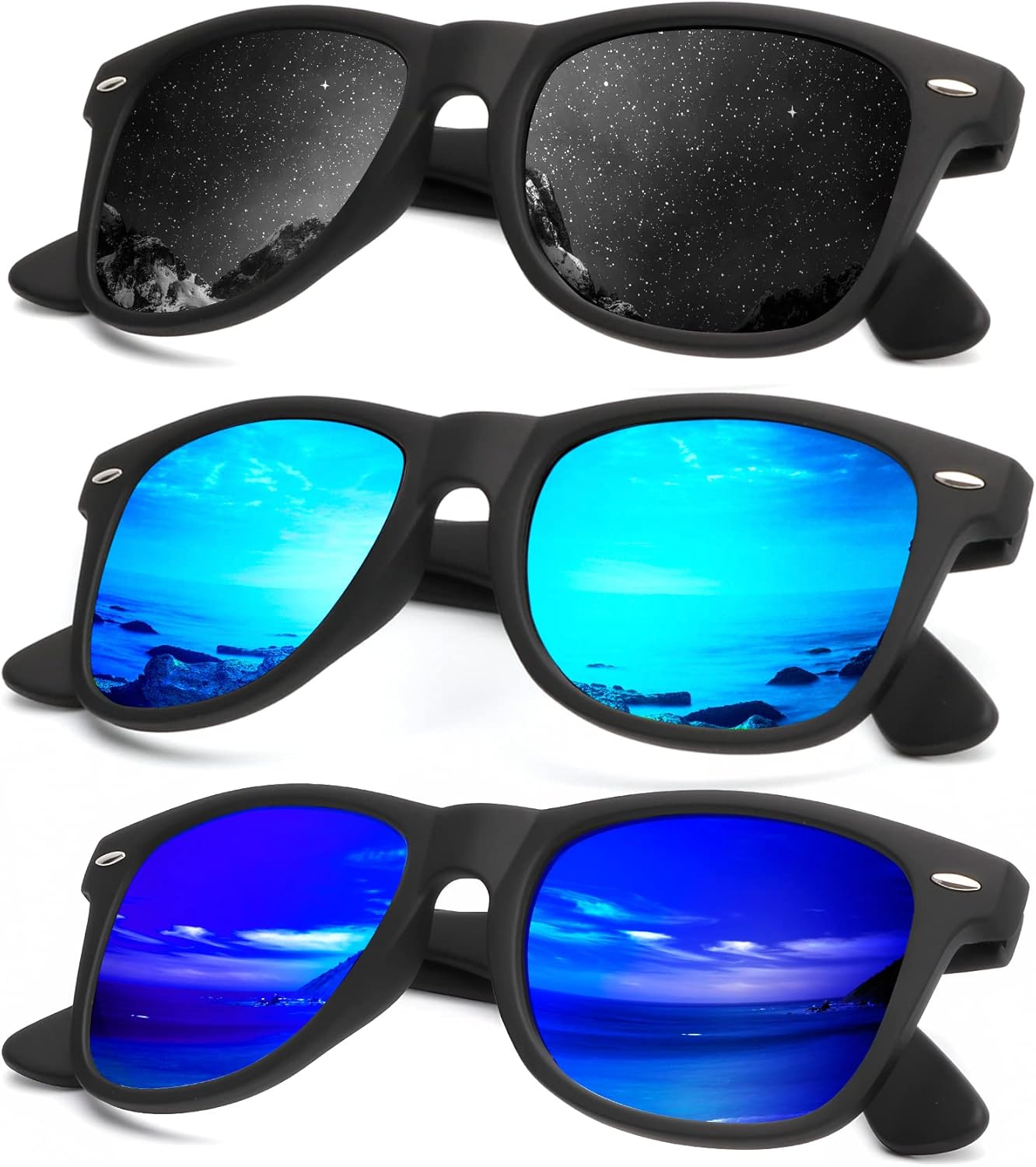 KALIYADI Polarized Sunglasses - Matte Finish, UV Blocking, Color Mirror Lenses | 3-Pack for Men & Women