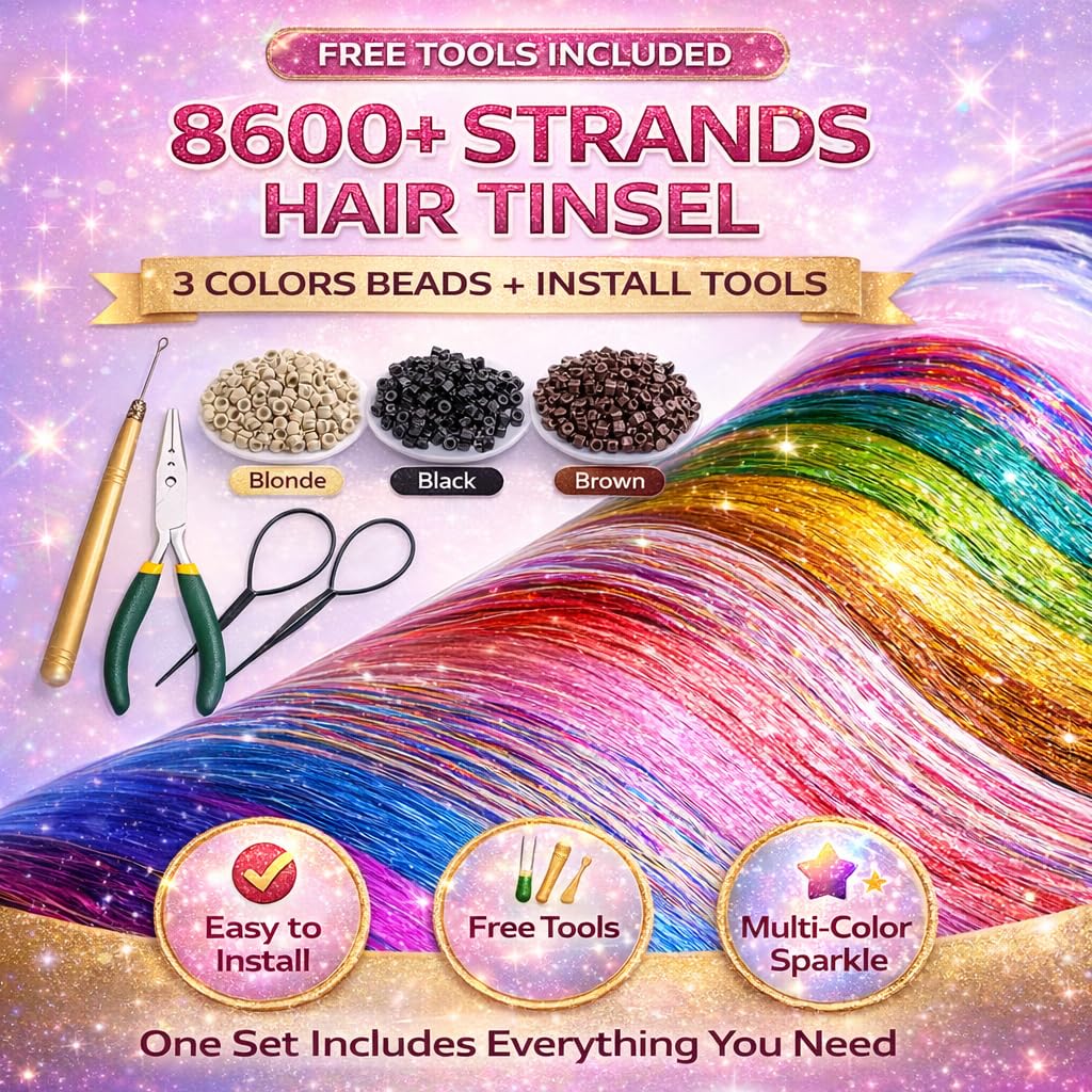 Hair Tinsel Kit - Holographic Hair Extensions with 8600 Strands | 18 Colors, 48 Inch, Heat Resistant Sparkling Glitter for Parties
