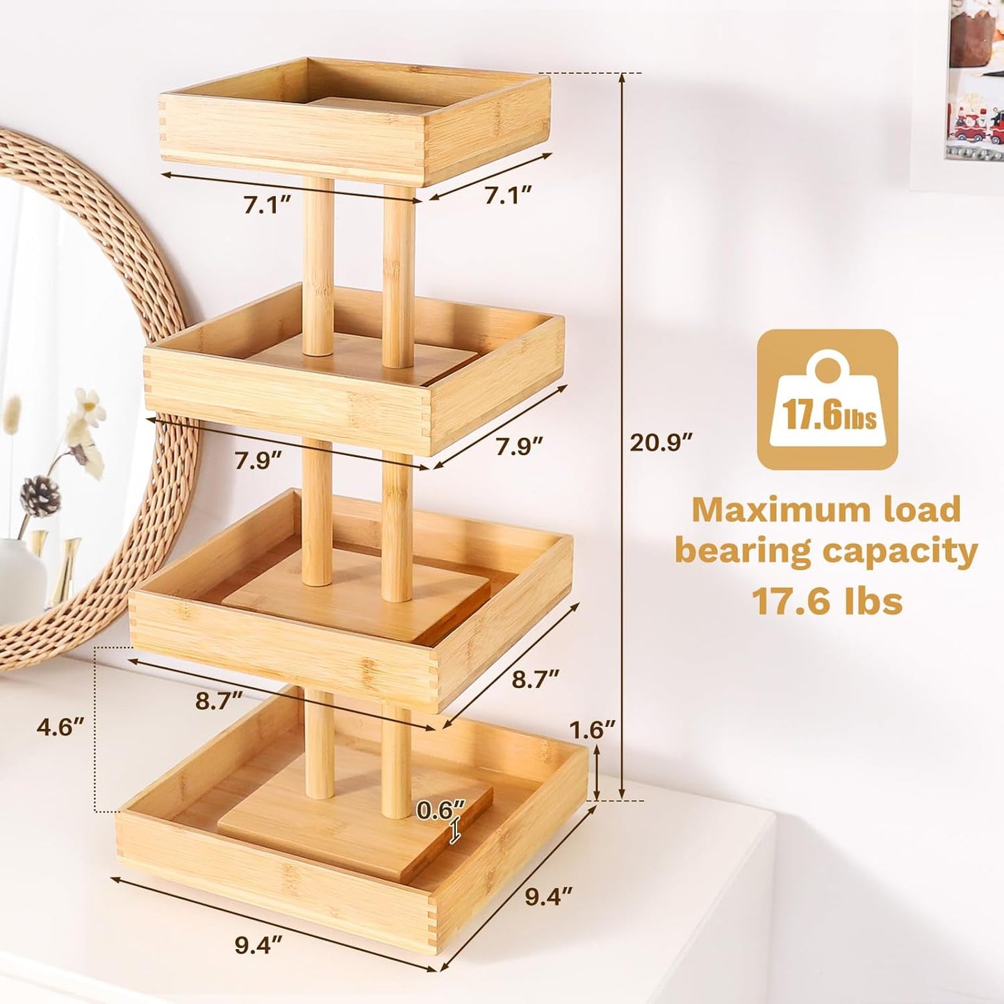 Nail Polish Display Stand - 360° Rotating Bamboo Rack Organizer | 4-Tier Makeup Holder for Easy Access - Brown