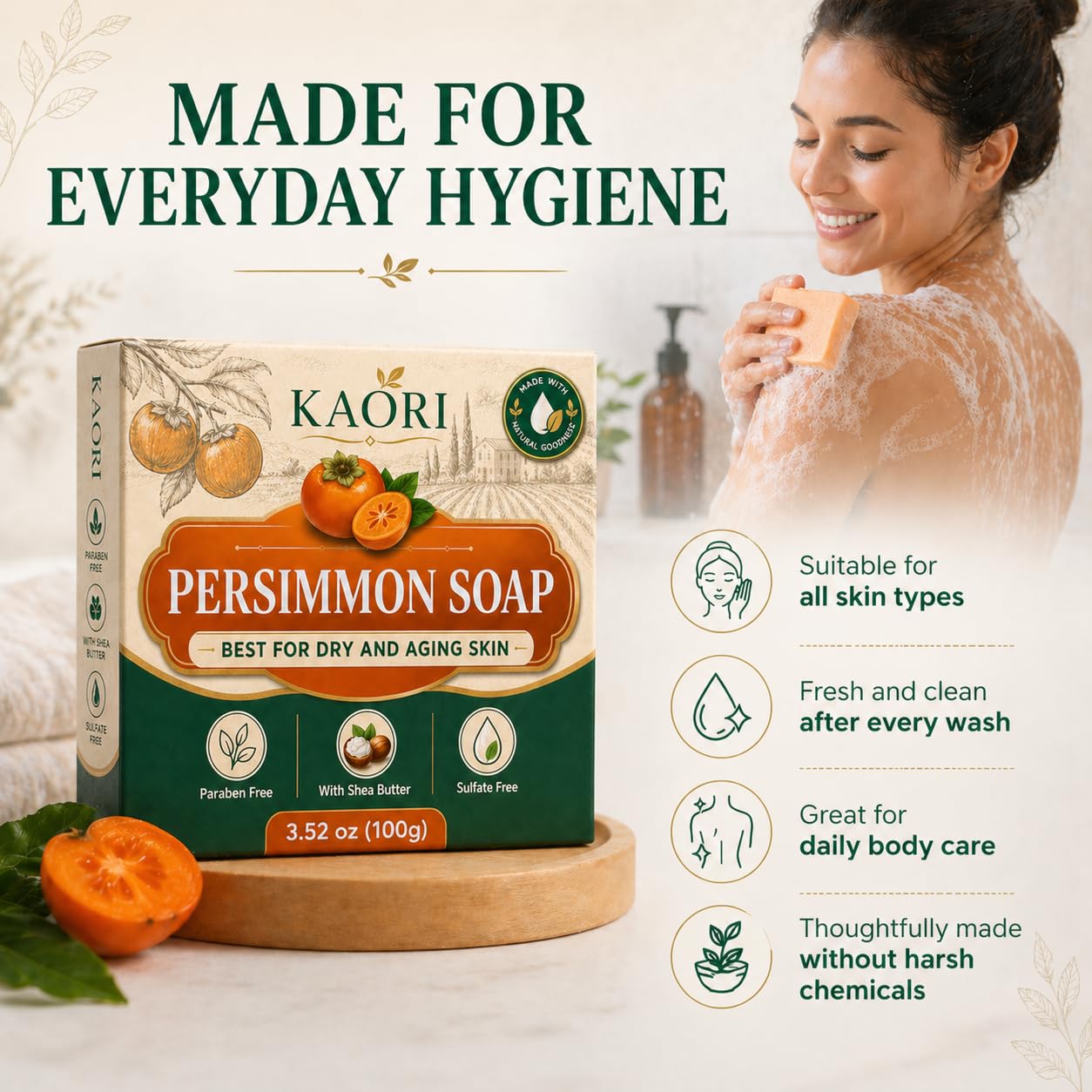 shekys KAORI Deodorizing Persimmon Soap |Feel fresh and clean all day long | with Persimmon Extract for Men & Women (1pc)