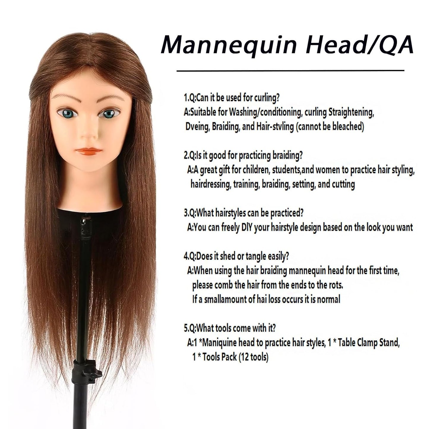 Human Hair Mannequin Head - 18'' Realistic Cosmetology Training Doll with Clamp & Tools | Dark Brown, Blue Eyes
