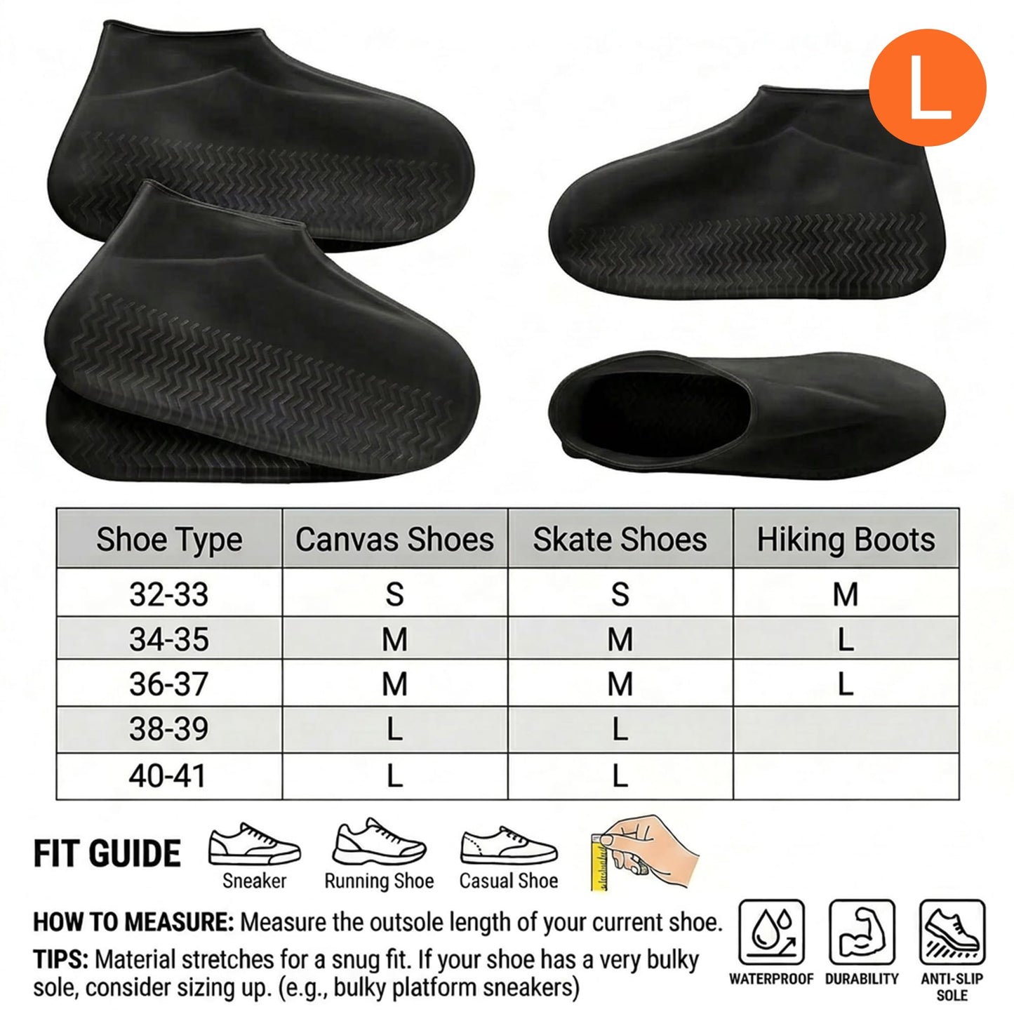 Waterproof Reusable Silicone Shoe Covers, Elastic Non Slip Overshoes for Rain Mud Travel Commuting Outdoor Shoe Protection, Silicone Rain Boot Covers for Daily Use Black Large