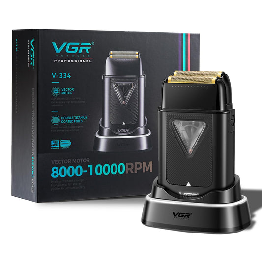 VGR 334 Foil Shaver for Men, Professional Electric Razor for Shaving Face & Bald Head, 10000RPM Vector Motor, Double Titanium Foils, LED Display, USB Charging Base, Men's Electric Shavers for Barbers