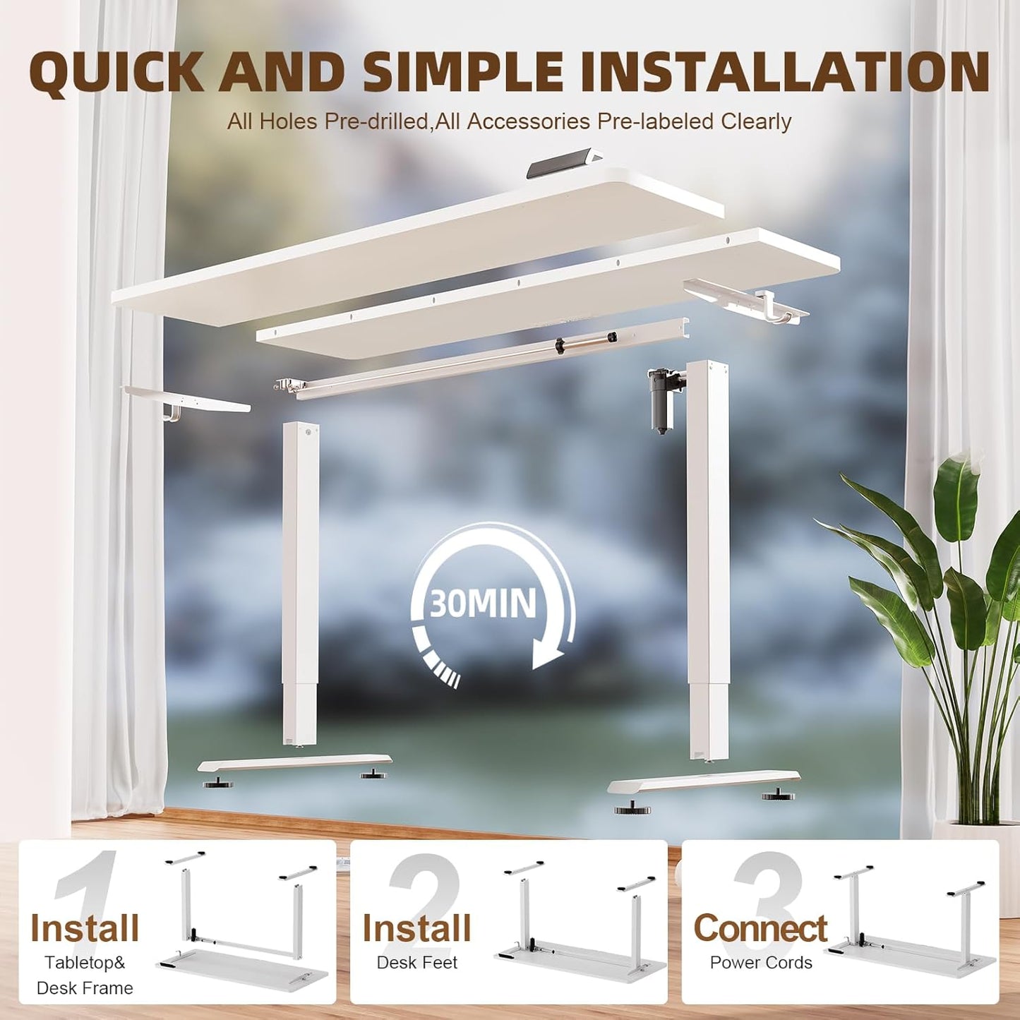 Veken Electric Standing Desk - 55 Inch Height Adjustable Home Office Table | White Wooden Desktop for Work & Study