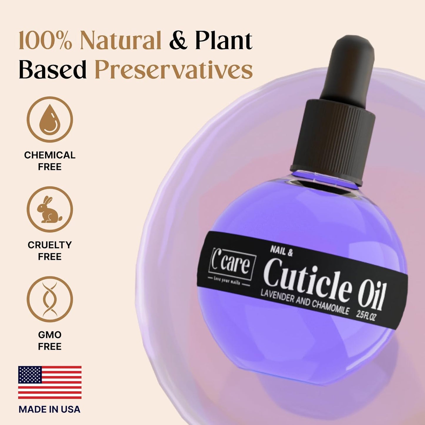 Cuticle Oil for Nails - Lavender & Chamomile Moisturizer - Strengthens & Nourishes - 2.5 oz Dropper & Brush Included