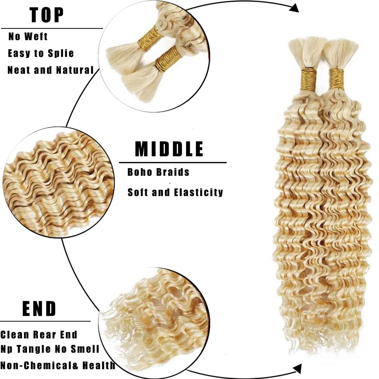 613 Boho Human Hair Braiding 613 Human Braiding Hair For Boho Braids Blonde Deep Wave Braids #613 Blonde Bulk Bohemian 150g 12 12 12 Inch