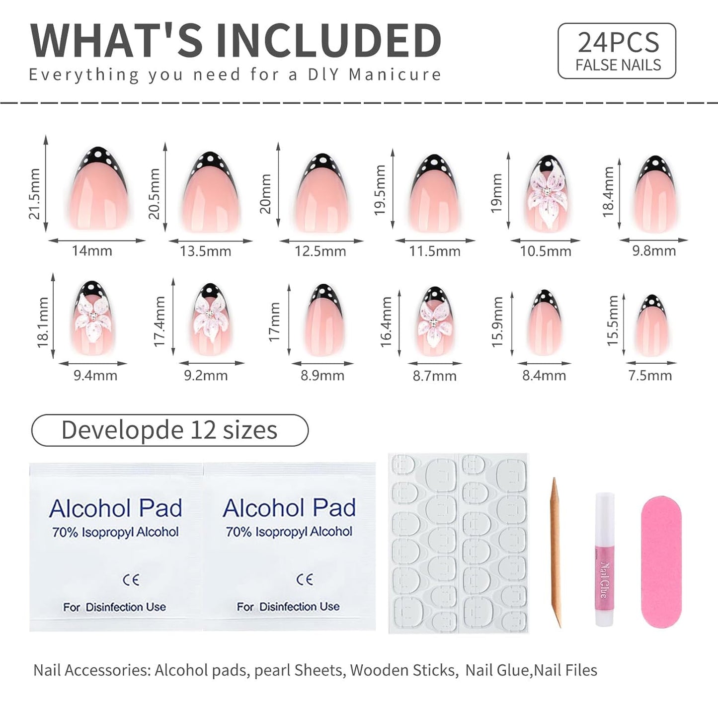Mivota Luxury Press-On Nails | Short Almond French Tip in Nude Pink with 3D Flower & Polka Dot Design - Reusable, Salon Quality