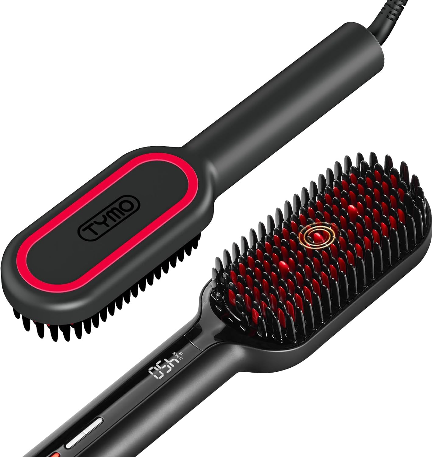 Tymo Hair Straightener Brush - Ionic Straightening Brush with 16 Temp Settings | Ceramic Hot Comb for Thick Curly Hair, Black