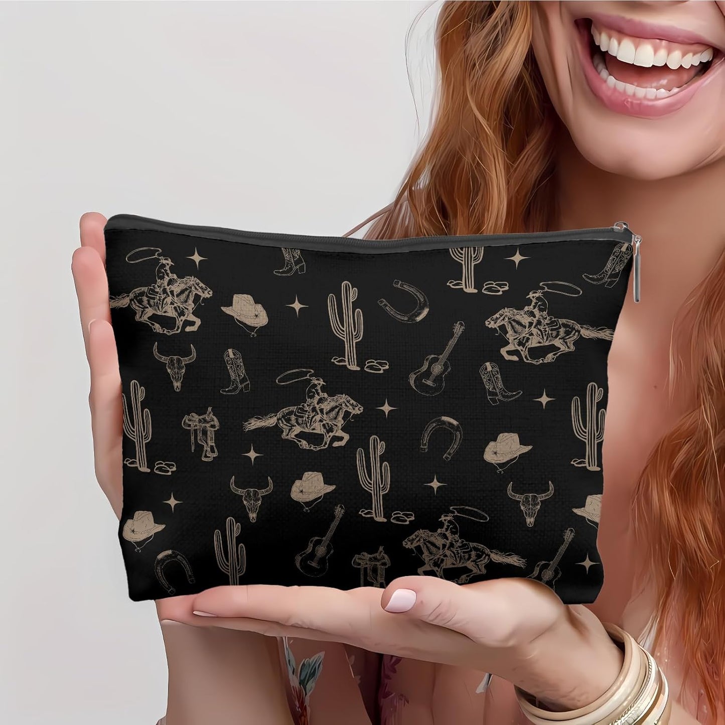 Boho Western Makeup Bag - Rustic Cow Skull & Cactus Design | Vintage Cosmetic Pouch for Women