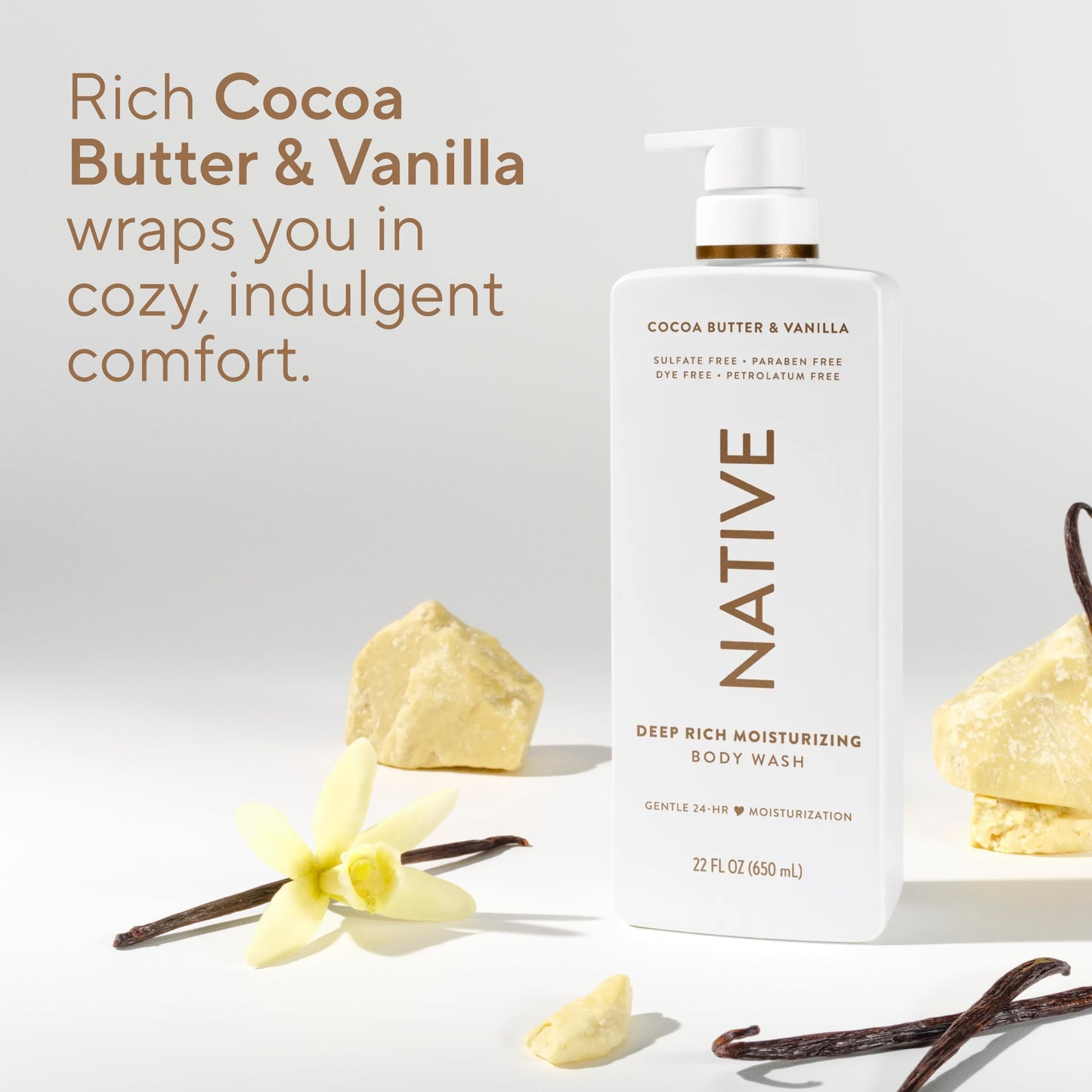 Native Cocoa Butter & Vanilla Scent 24-Hour Moisturizing Bodywash for Women & Men, Clean & Gentle, for Dry or Sensitive Skin, Keeps Skin Healthy & Smooth, Free of Sulfates, Cruelty-Free, 22 oz