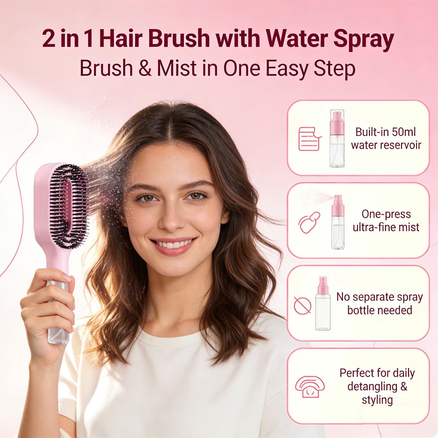 Hair Brush with Water Spray - 2-in-1 Detangling Brush with Built-in Mister Spray, 50ml Portable Spray Hair Brush for Wet & Dry Frizz-Free Styling, Women Girls & Kids(1 Kaki)