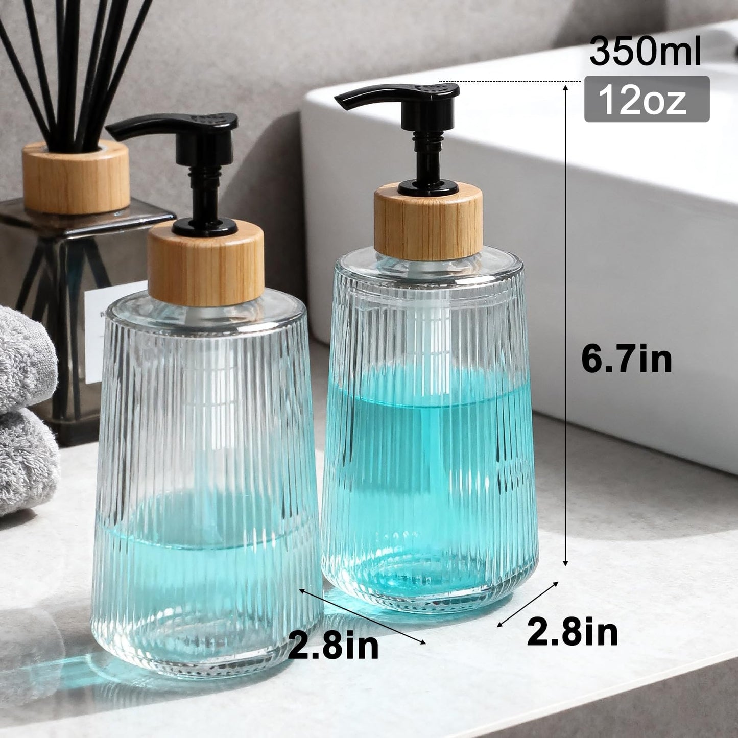 Glass Soap Dispenser, Thickened Glass Hand Soap Dispenser for Bathroom, Kitchen Dish Washing Liquid Bottles, Shampoo and Conditioner Bottles, Modern Farmhouse Style (Clear, Set of 2, 12oz)
