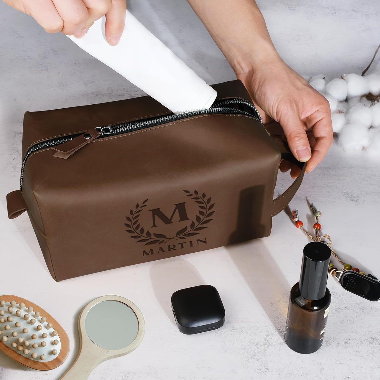Personalized Leather Toiletry Bag for Men - Custom Engraved Dopp Kit | Perfect Groomsmen, Husband, Dad Gift for Weddings & Birthdays
