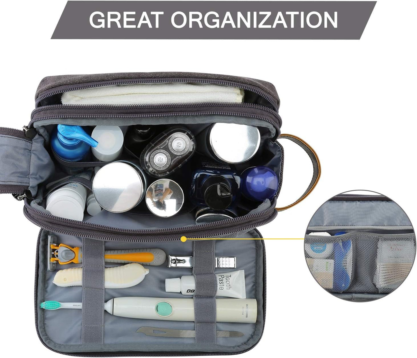Toiletry Bag for Men - Water-Resistant Canvas Travel Organizer | Medium Grey Dopp Kit
