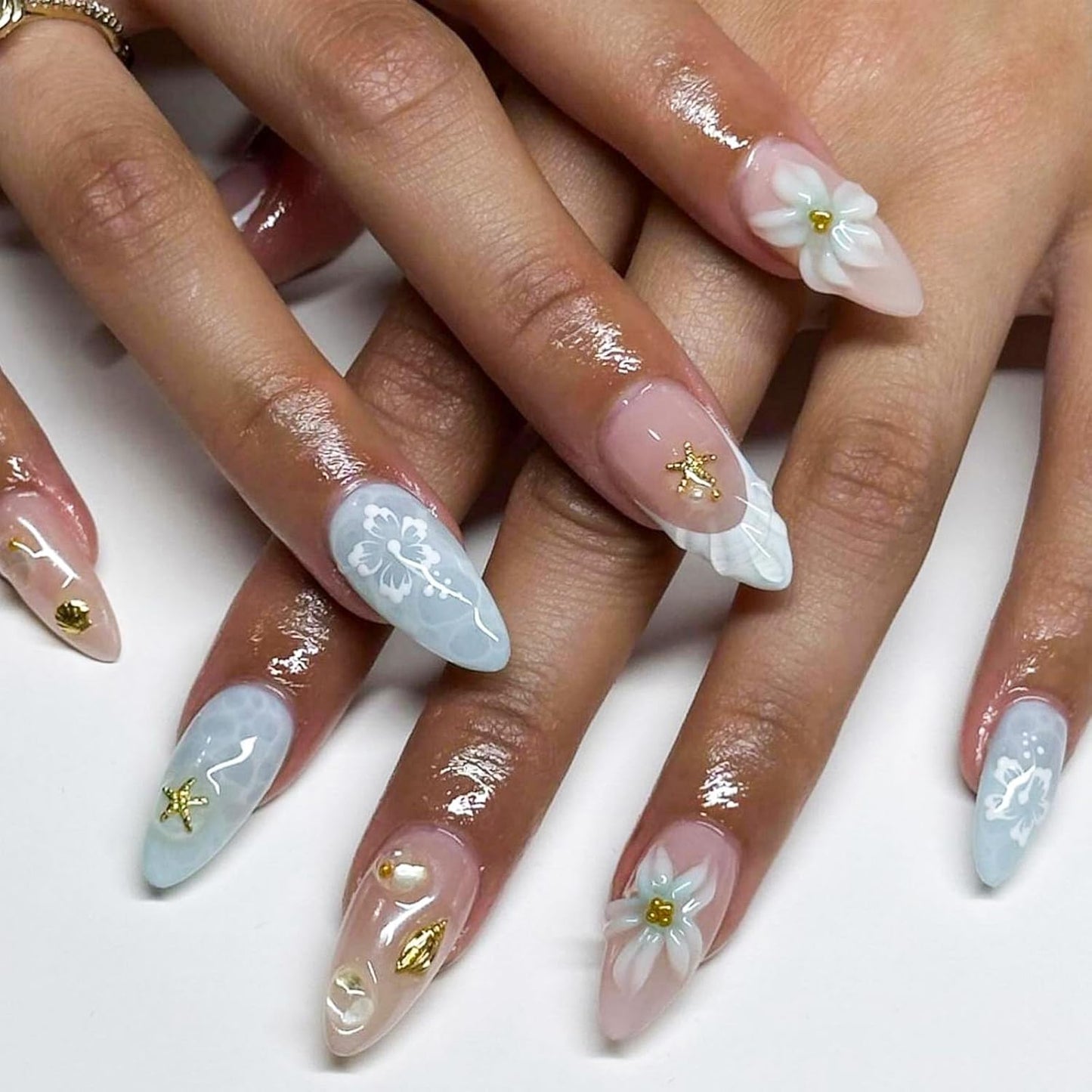 Flower Nail Press Ons - French Tip 3D Floral Butterfly Acrylic Nails | Glossy Pink Medium Almond Full Cover - 24 Pcs