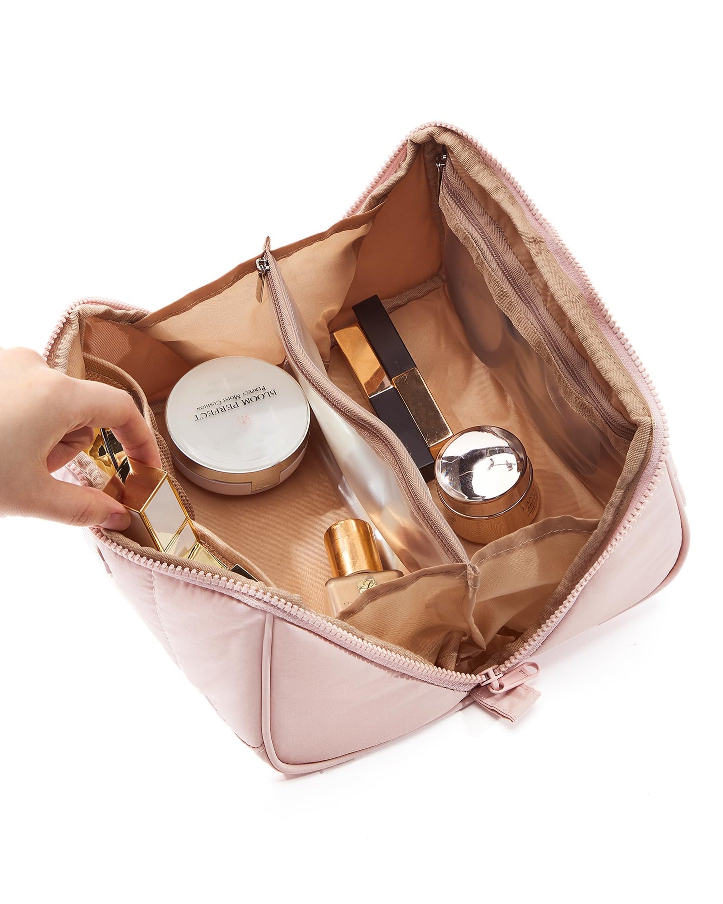 NISHEL Travel Makeup Bag for Women, Fluffy & Lightweight Open Flat Cosmetic Organizer with Multiple Functional Divider for Brush Independent Storage, Handle for Easy Portability, Pink