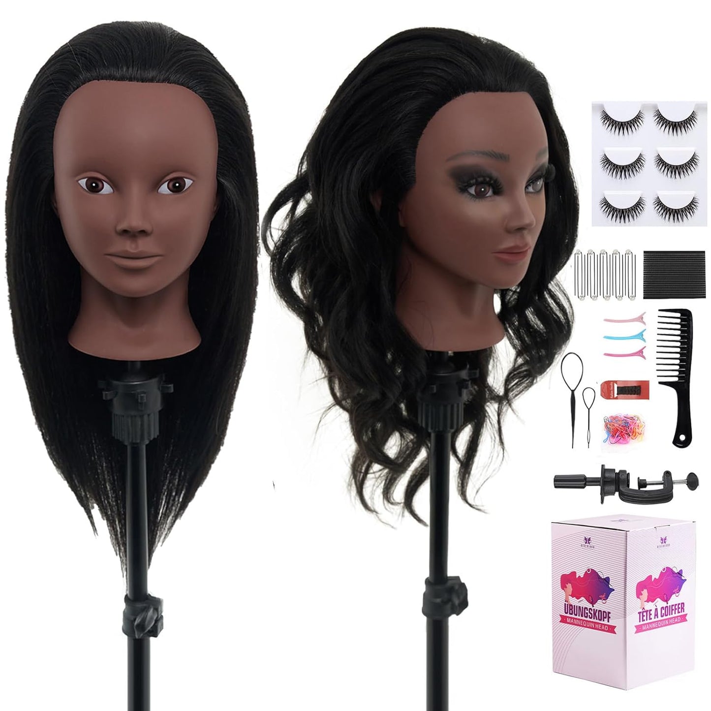 Real Hair Mannequin Head - 18" Human Hair Cosmetology Training Doll for Styling, Dying & Braiding | Black
