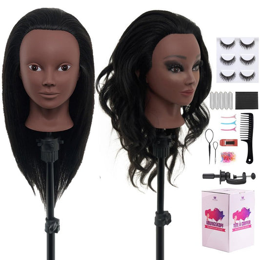 18" Mannequin Head Human Hair - 100% Real Hair Mannequin Head for Makeup Practice, Cosmetology Manikin Doll Head for Hair Styling, Hairdressing Training Head for Braiding with Table Clamp,Black