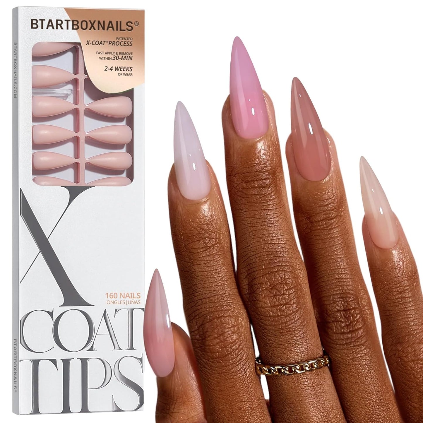 BTArtbox Press-On Nails - 5 Shades of Nude Long Stiletto | 16 Sizes for Easy Application & 4-Week Wear