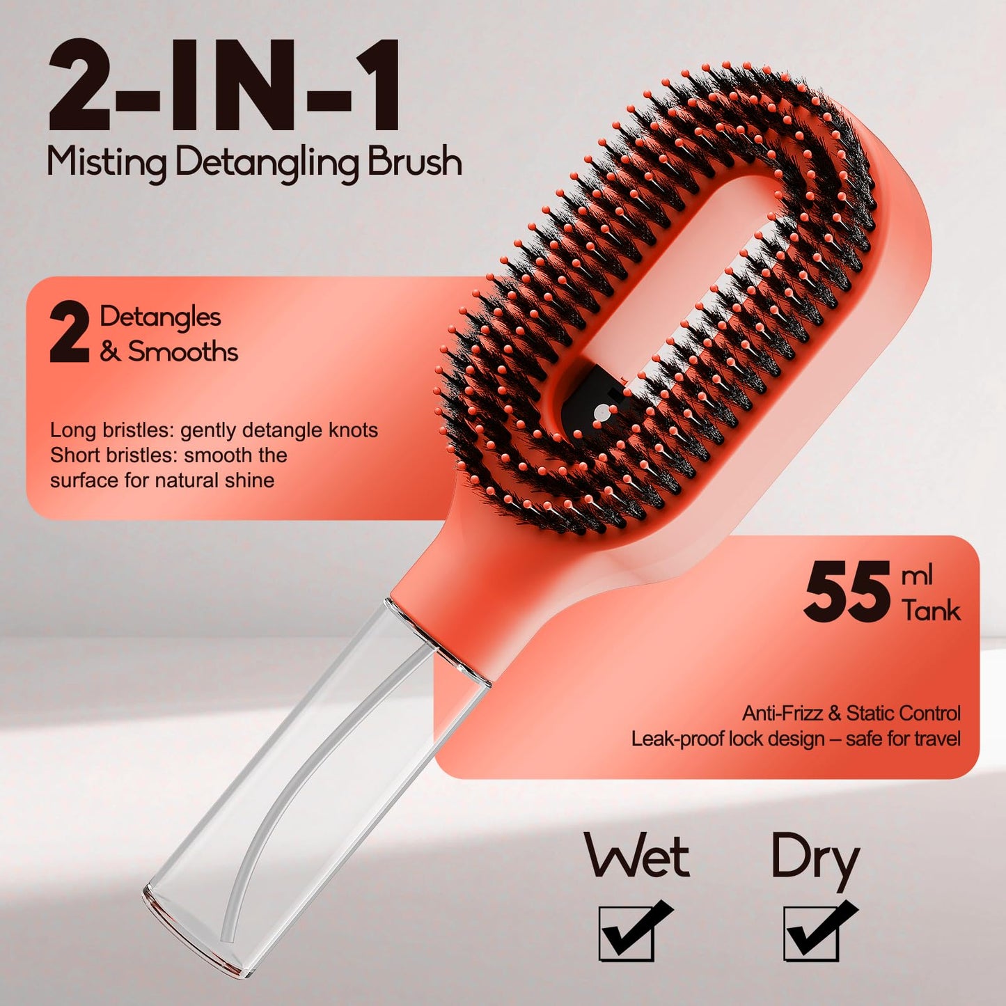 Water Spray Hair Brush with Fine Continuous Mist, Detangling & Smoothing Hair Brush for Frizz, Static & Flyaway Hair, Wet or Dry Hair Styling Brush for Women, Orange