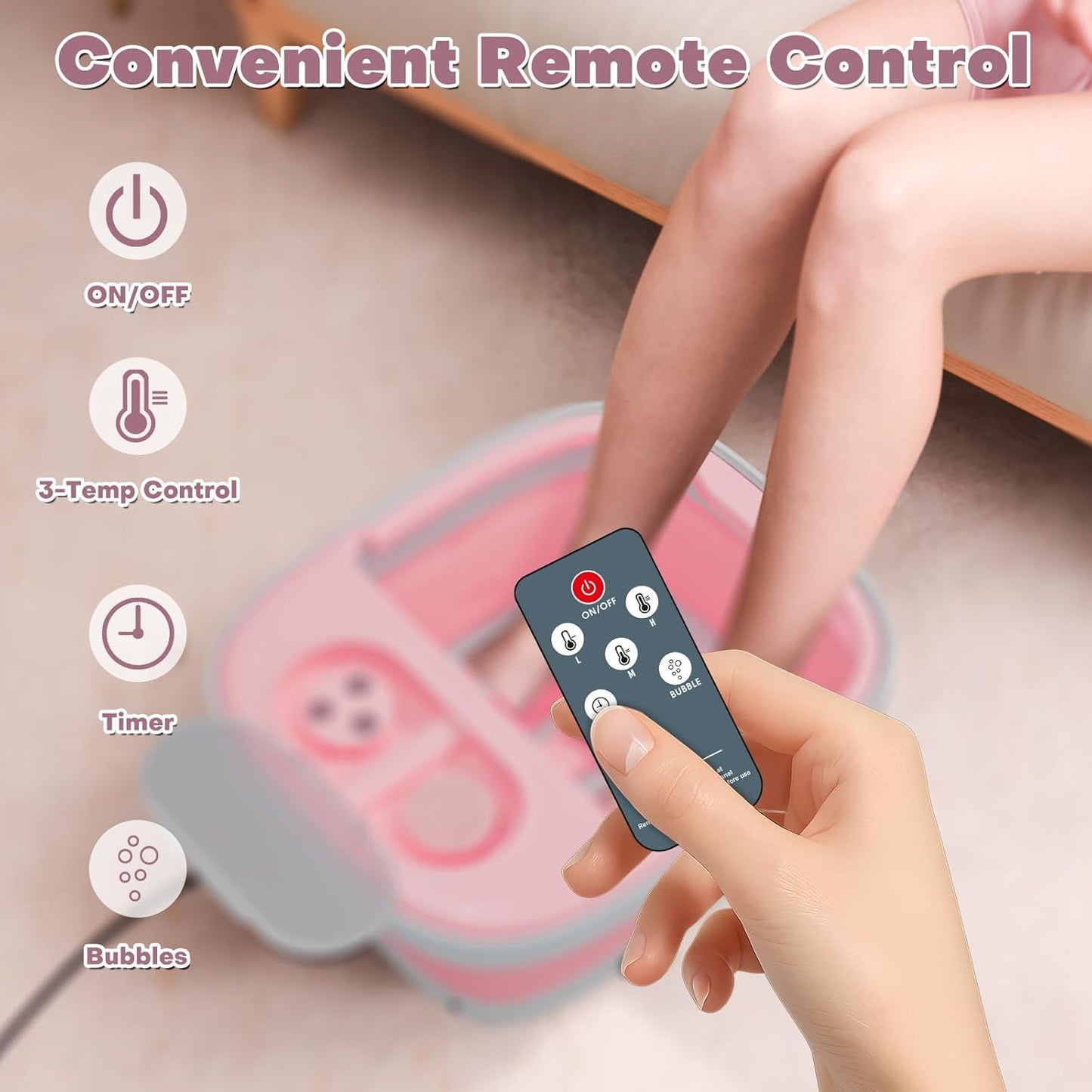 Collapsible Foot Spa Bath Massager - Heated Soaking Tub with Remote & Timer | Includes Pedicure Kit & 3 Attachments (Pink)