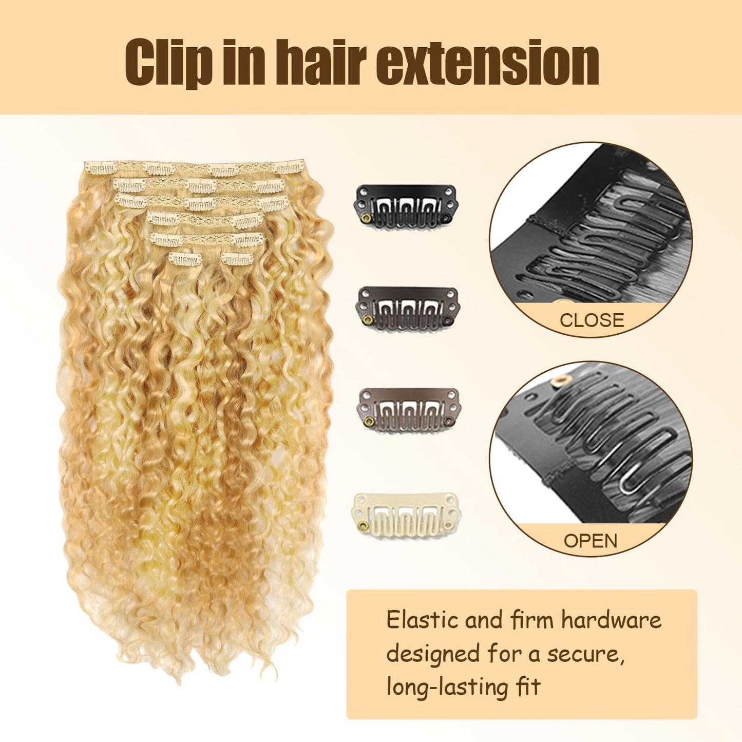 P27613 Blonde Clip in Hair Extensions Real Human Hair, 18 Inch 120g/7Pcs,Full Shine Remy Human Hair,Highlight Blonde Deep Wave Clip ins Brazilian Virgin Human Hair Extensions
