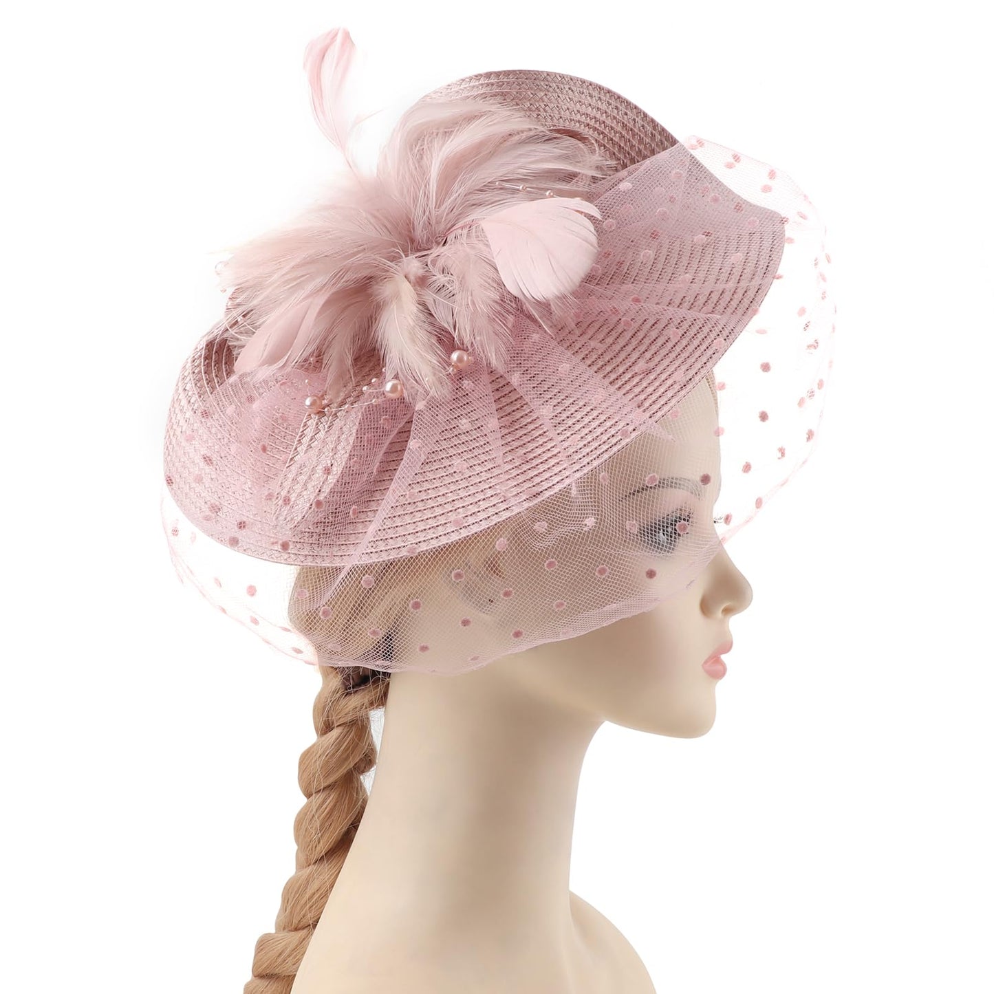 DRESHOW Fascinators Hat Mesh Veil Feathers Hat with a Headband and a Clip Tea Party Headwear for Women