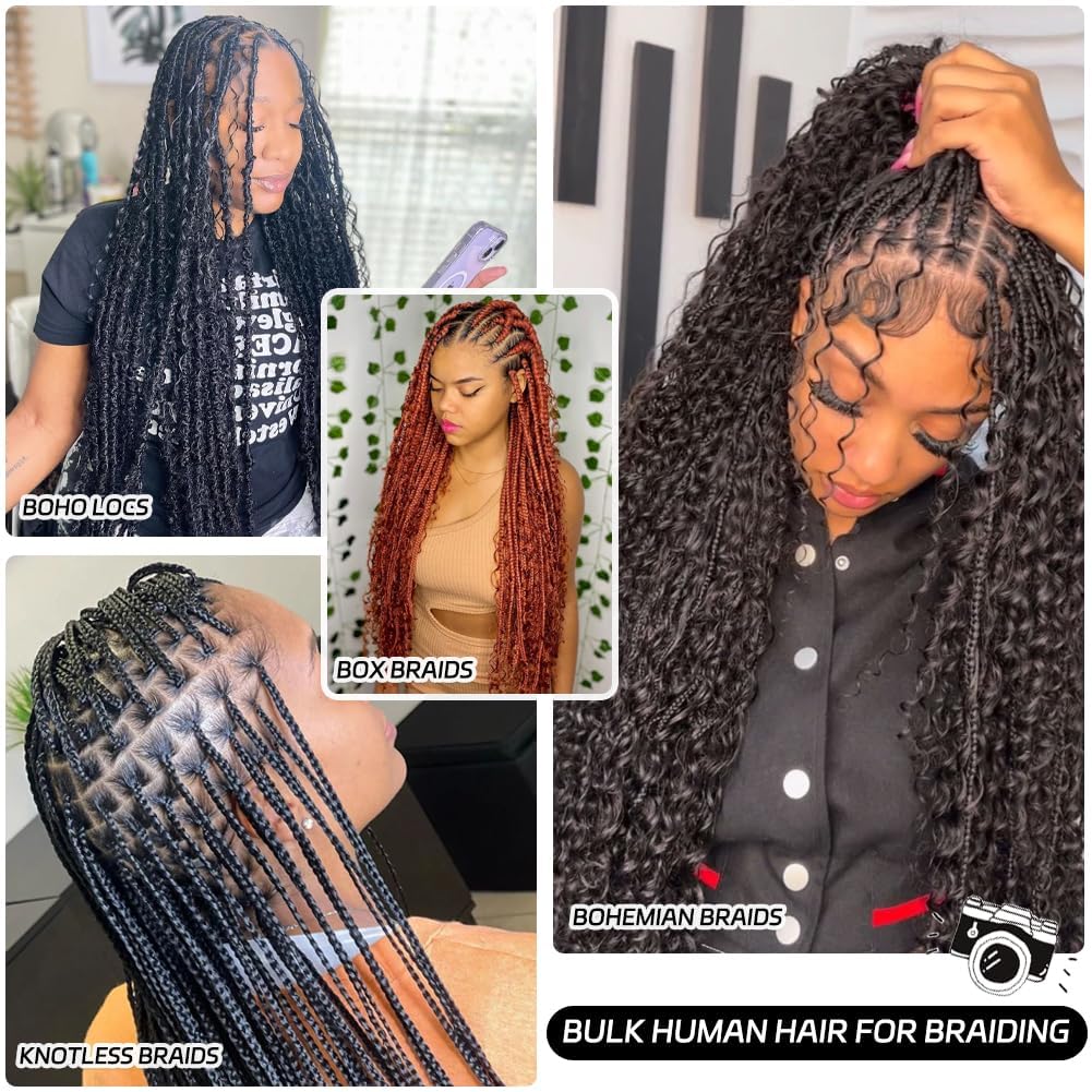 Human Braiding Hair for Boho Braids Bohemian Deep Wave Bulk 100% Human Hair for Braiding Wet and Wave Human Culry Hair for Boho Knotless Braids No Weft 2 Bundles 100g