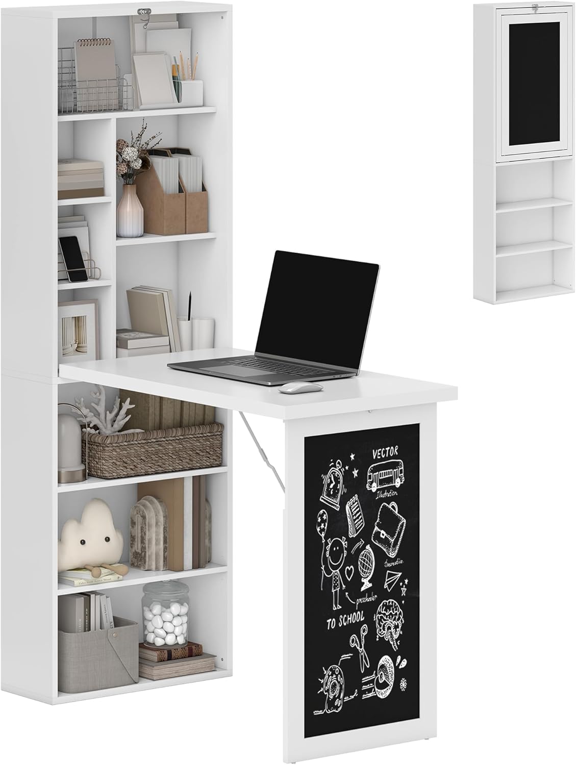 Convertible Writing Table - Foldable Wall-Mounted Computer Desk with Storage Shelves | Space-Saving Design for Small Spaces, White