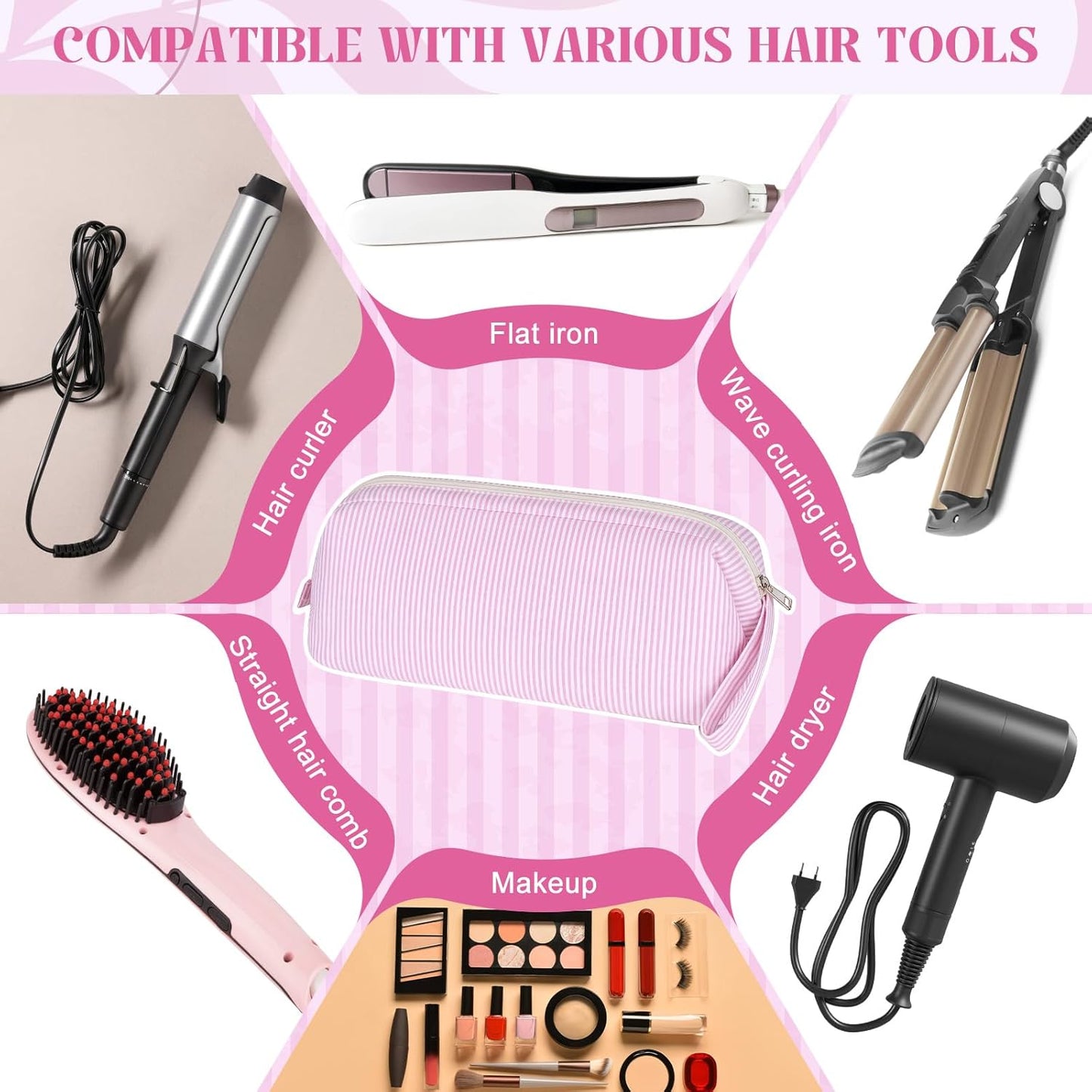 Hair Tools Travel Bag - Large Pink Striped Quilted Organizer for Hair Dryer & Styling Tools | Perfect for Travel
