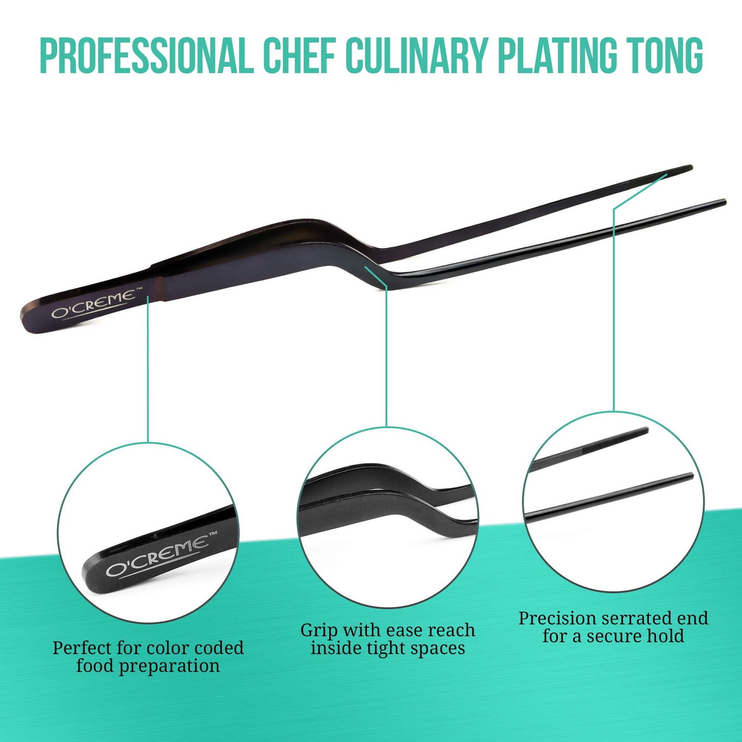 O'Creme Culinary Stainless Steel Tweezer Tongs Set of 2 - One 10 Inch Straight and One 8 Inch Offset Black Color