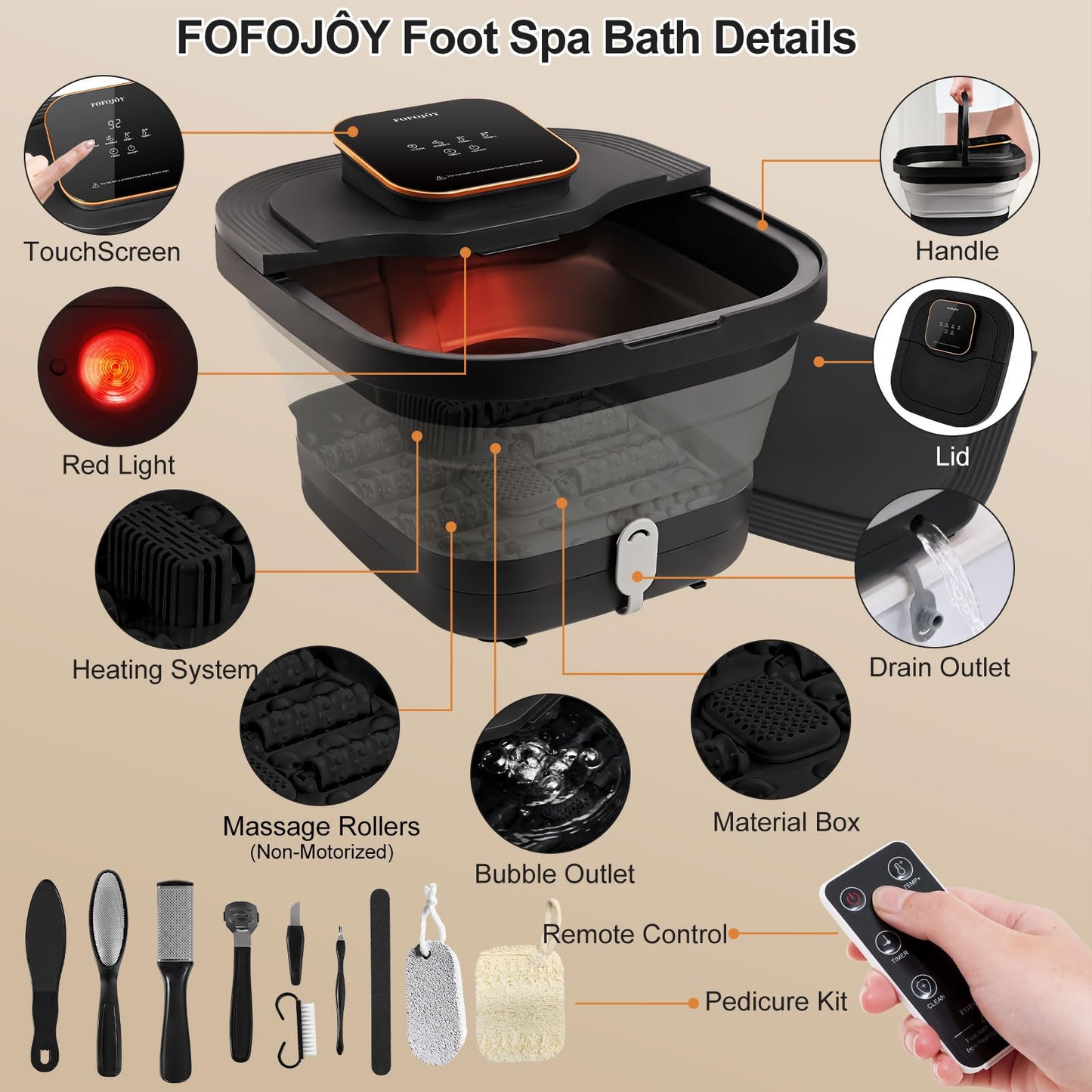 FOFOJÔY Collapsible Foot Spa Bath with Heat and Massage Roller, Bubble, Temperature Control, Remote Control, Foot Pedicure Kit, Pedicure Foot Spa