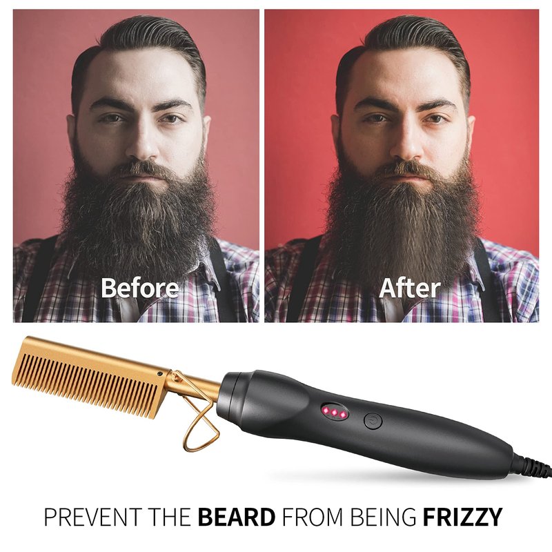 Electric Hot Comb Hair Straightener - Pressing Combs, Ceramic Hair Straightening Comb, Curling Iron for Natural Black Hair Men Beard or Holiday Gift - Glod 3 In1