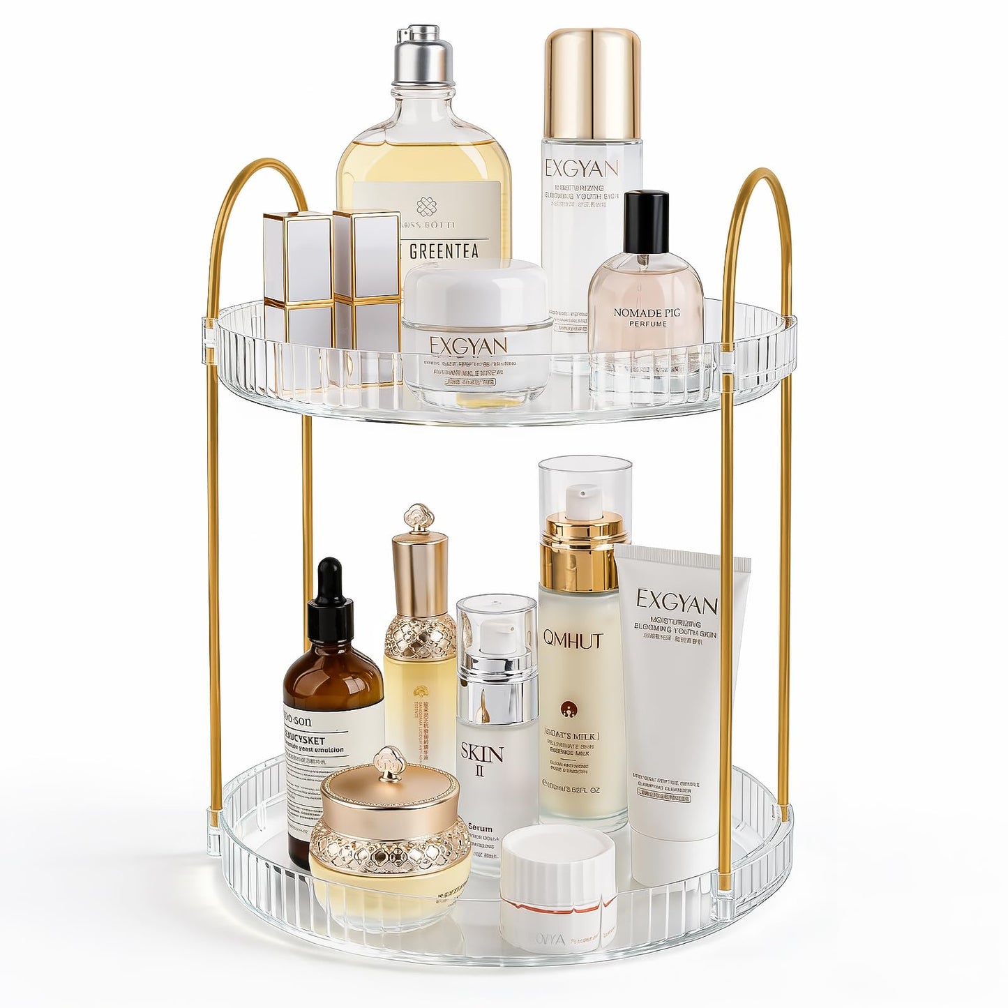 360° Rotating Makeup Organizer 2 Tier Large Capacity Perfume Skincare Tray for Dresser Spinning Bathroom Counter Organizer for Vanity Lazy Susan Turntable Storage for Kitchen, Clear