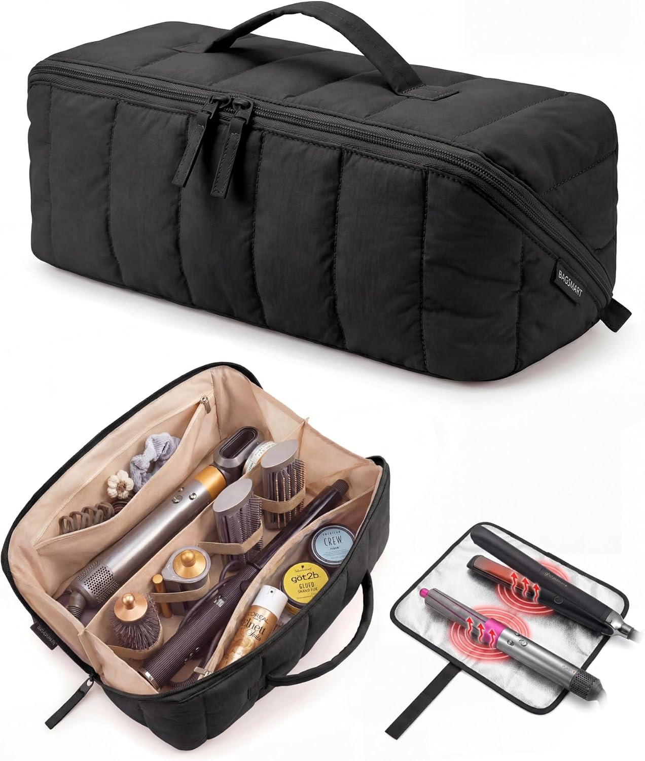 Hair Tool Organizer Travel Bag - Compatible with Dyson Airwrap & Shark Hair Dryer | Heat Resistant Mat, Black