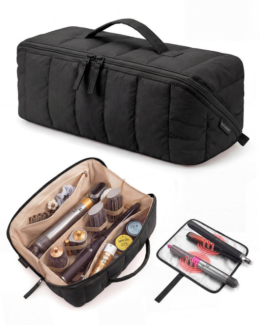 BAGSMART Hair Tool Organizer Travel Bag Compatible with Dyson Airwrap, Shark Hair Dryer, Wide-open Accessories Organizer with Heat Resistant Mat, Makeup Bag for Dyson Attachments, Curling Iron, Black