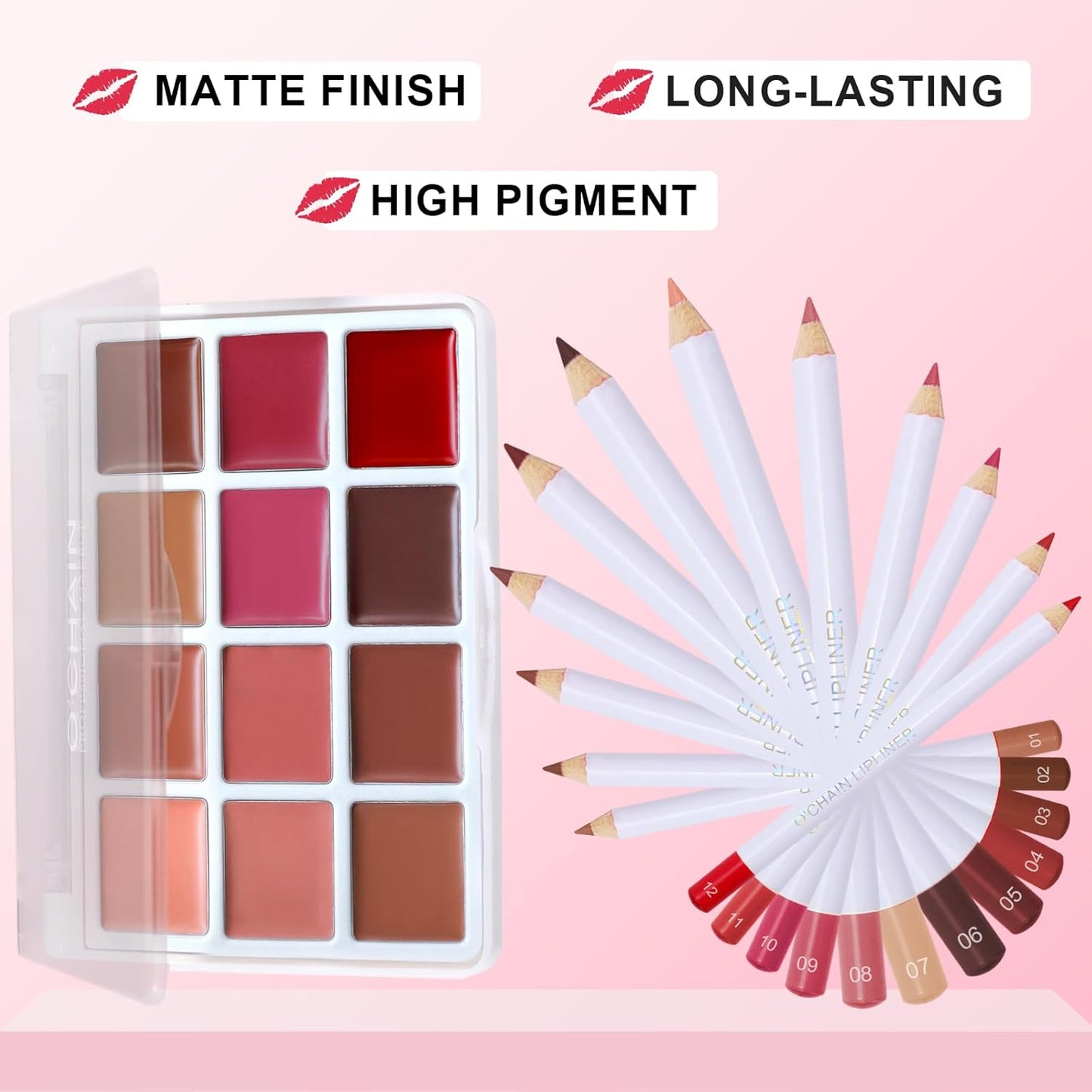 O'CHAIN Matte Lipstick Palette - 12 Colors & Lip Liners | Long-Lasting Waterproof Velvet Set for Women