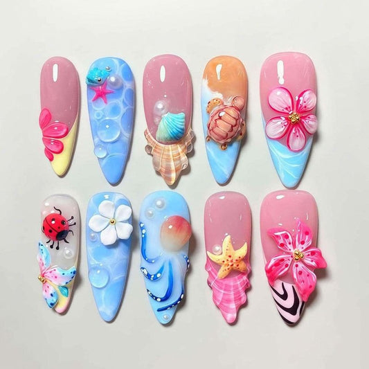 24Pcs Summer Beach Press on Nails Long Stiletto False Nails 3D Ocean Seashell Turtle Starfish with Colorful Flower Design Cute Fake Nails Tropical Vacations Glue on Nail for Women Acrylic DIY