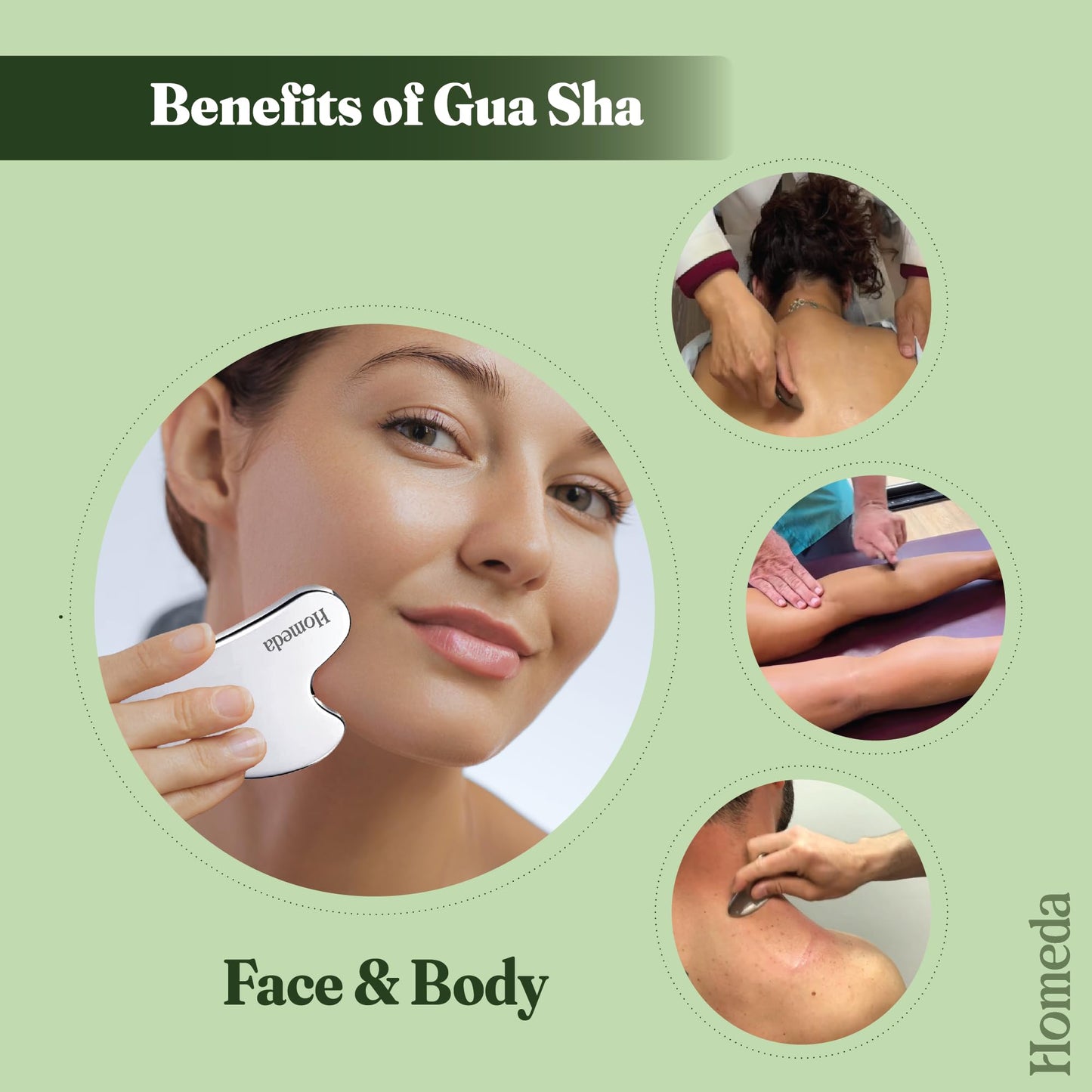 Homeda Stainless Steel Gua Sha Facial Tools, Lymphatic Drainage Massager, Metal Guasha for face | Washa, Gusha, Guacha Face Sculpting Jawline Shaper | Body Eyes Neck Massager Gift for Men Women