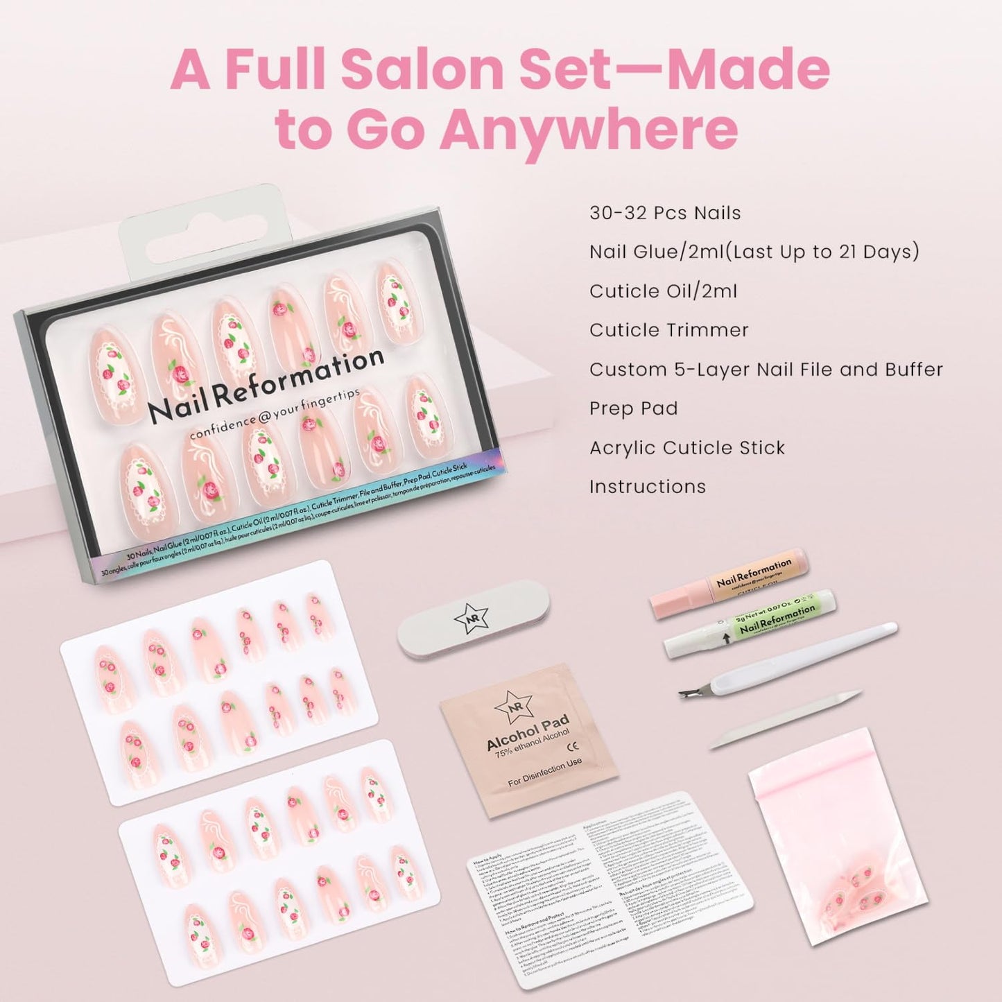 Press On Nails - Pink Roses Medium Almond Fake Nails with Lace & Pearl | Reusable Glossy Finish - 15 Sizes in 30 Nail Kit