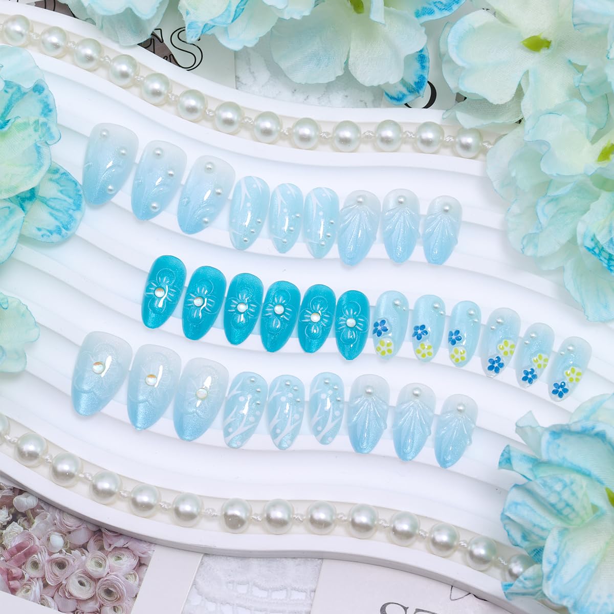 Handmade Press-On Nails - Short Almond Shape 3D Flower & Pearl Design | Blue White Gradient Glitter Acrylic for Summer Weddings